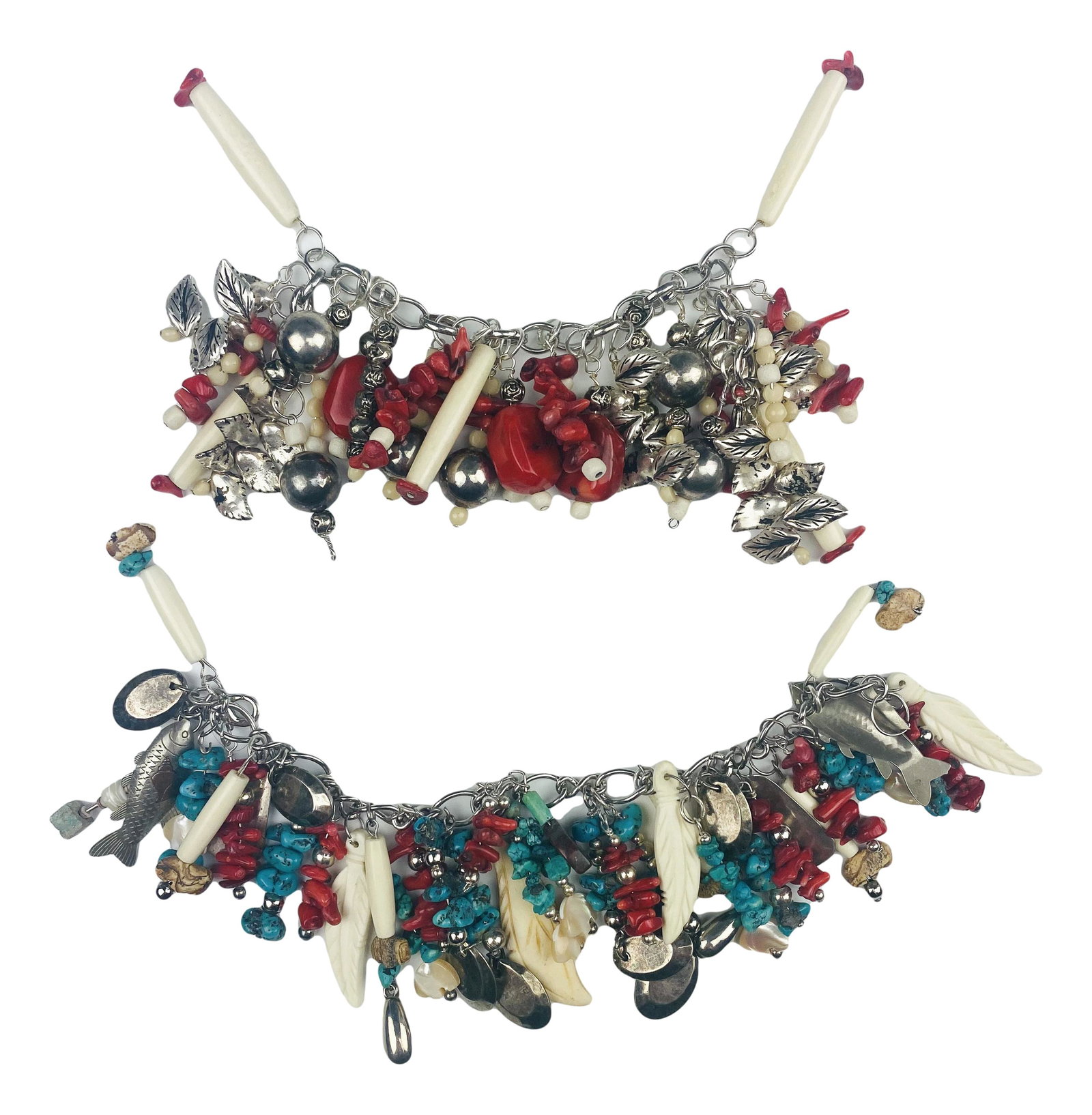 2 Fetish Style Turquoise Coral Bone Charm Bracelet: Each hand crafted article features an assortment of suspended turquoise and coral nuggets, bone accents, silver toned discs, balls and leaves. Finished with lobster clasps closures. Warm aged weathere