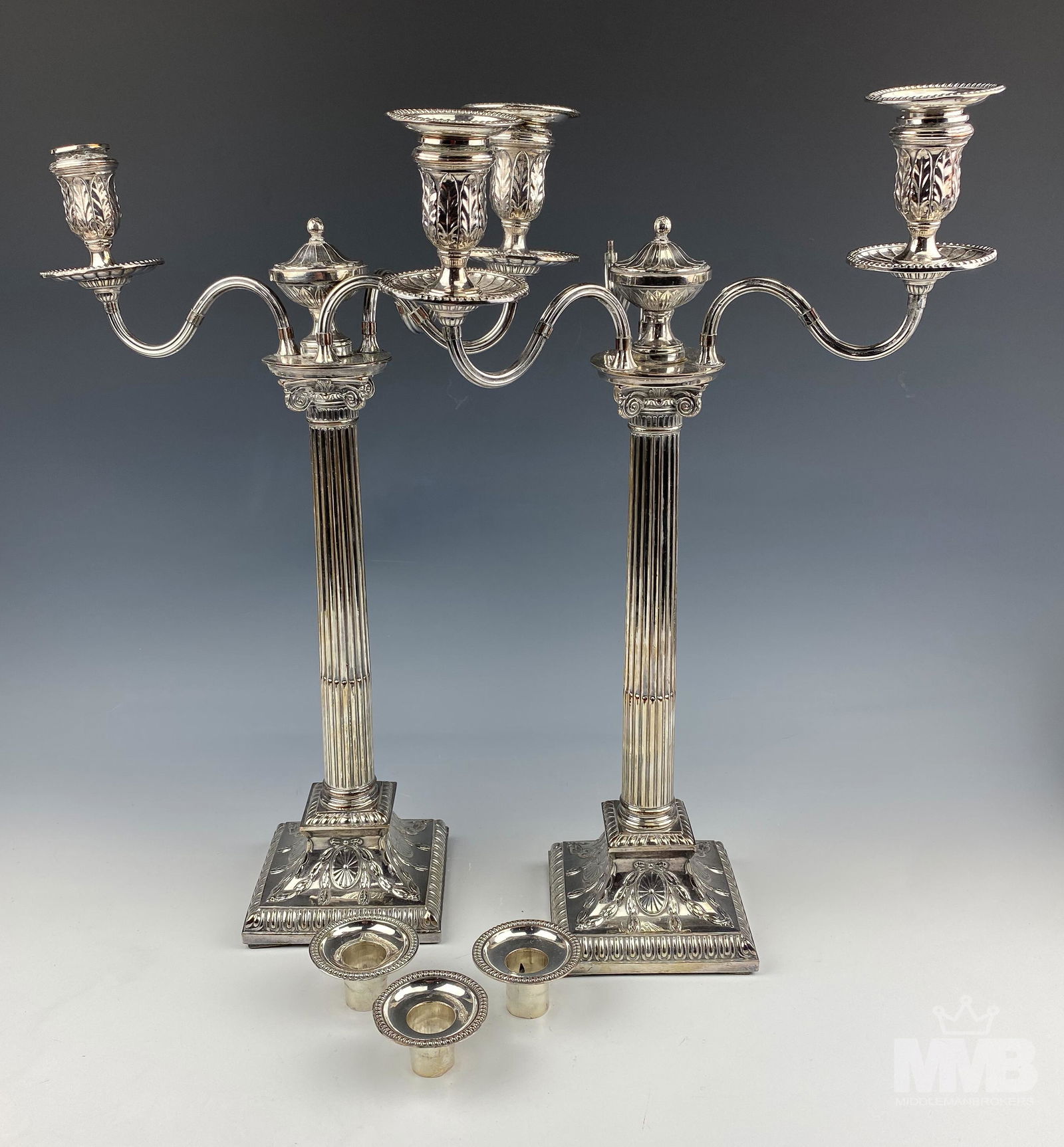 Pair Greco Roman Silver Plated 3 Light Candelabras (1 of 7)
