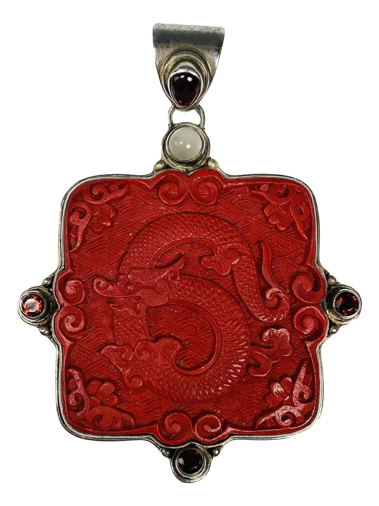 Chinese Sajen Sterling & Dragon Cinnabar Pendant (1 of 4)
