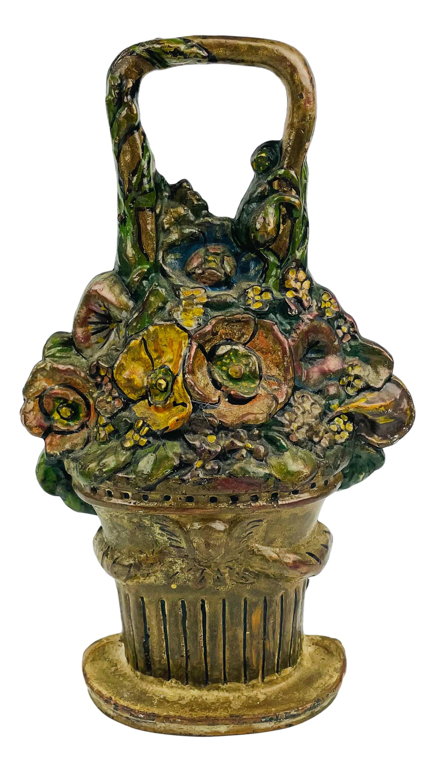Old Cast Iron Flowers in Handled Basket Doorstop (1 of 5)