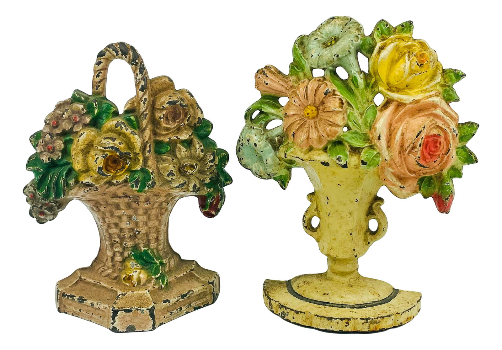 Pair Cast Iron Urn & Basket of Flowers Doorstops: Cast iron doorstops. Lot includes (1) Urn of Flowers #162 measuring 6.5" x 3.25" x 2"; marked on verso and (1) flower basket measuring 6" x 4.5" x 2". No apparent markings, being advertised in the sty