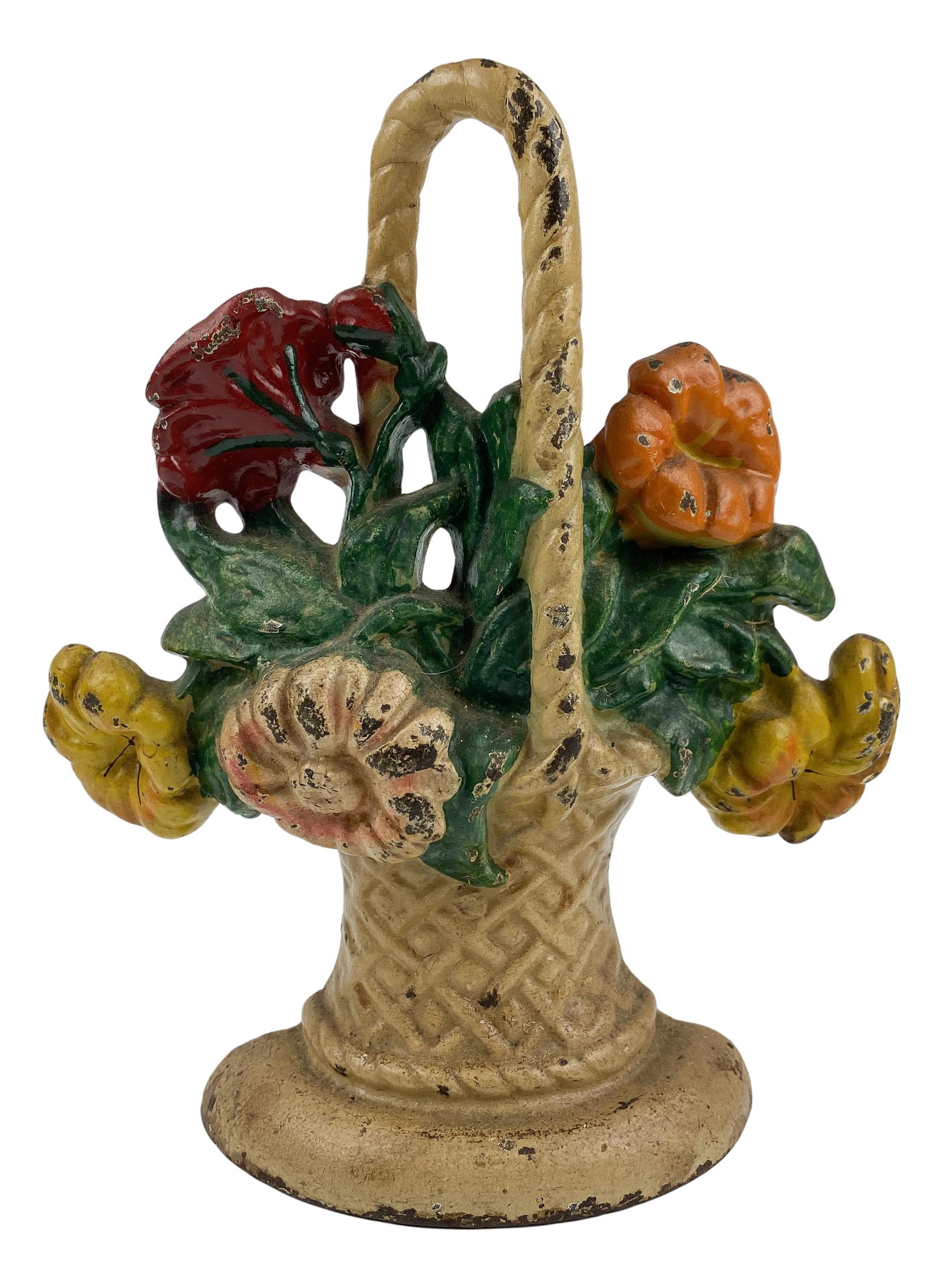 Cast Iron Flowers in Handled Woven Basket Doorstop: Cast iron doorstop featuring red, yellow and orange flowers in a handled basket. No apparent markings, being advertised in the style of Hubley and Bradley & Hubbard. SHIPPING MIDDLEMANBROKERS INC. wil
