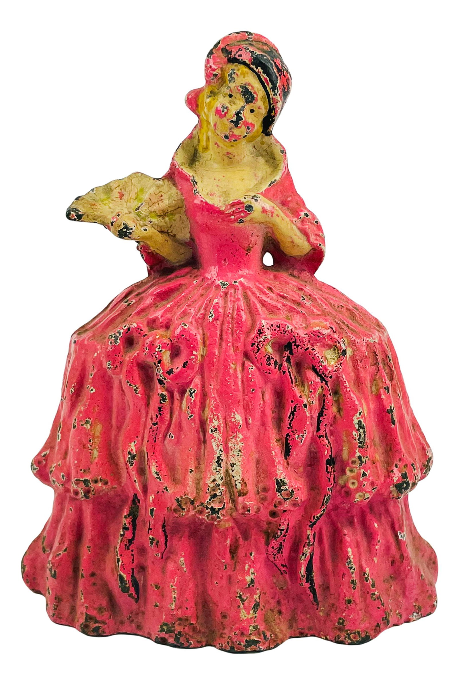Cast Iron Woman with Ruffled Pink Dress Doorstop: Cast iron doorstop featuring a lady in a ruffled pink dress holding a fan. No apparent markings, being advertised in the style of Hubley and Bradley & Hubbard. SHIPPINGMIDDLEMANBROKERS INC. will offer