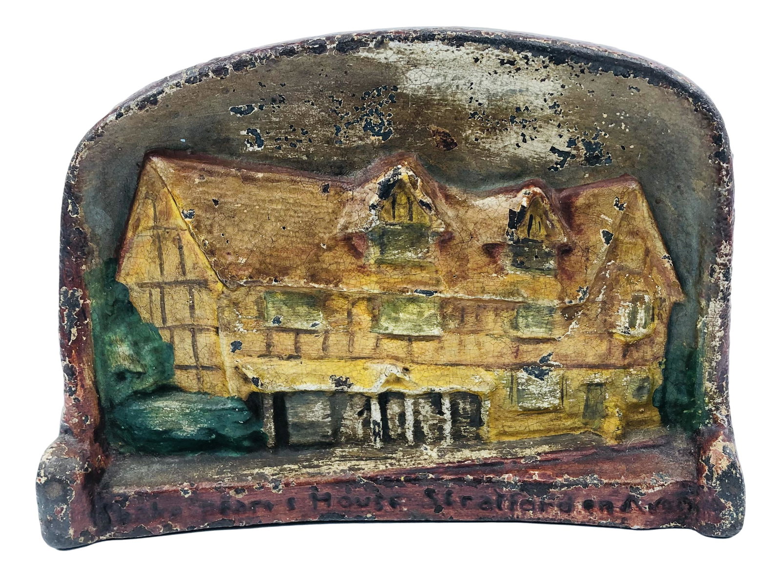 Shakespeare House Stratford Cast Iron Doorstop: Crafted out of cast iron door stop depicting Shakespeare House Stratford. No apparent markings, being advertised in the style of Hubley and Bradley & Hubbard. SHIPPING MIDDLEMANBROKERS INC. will offer