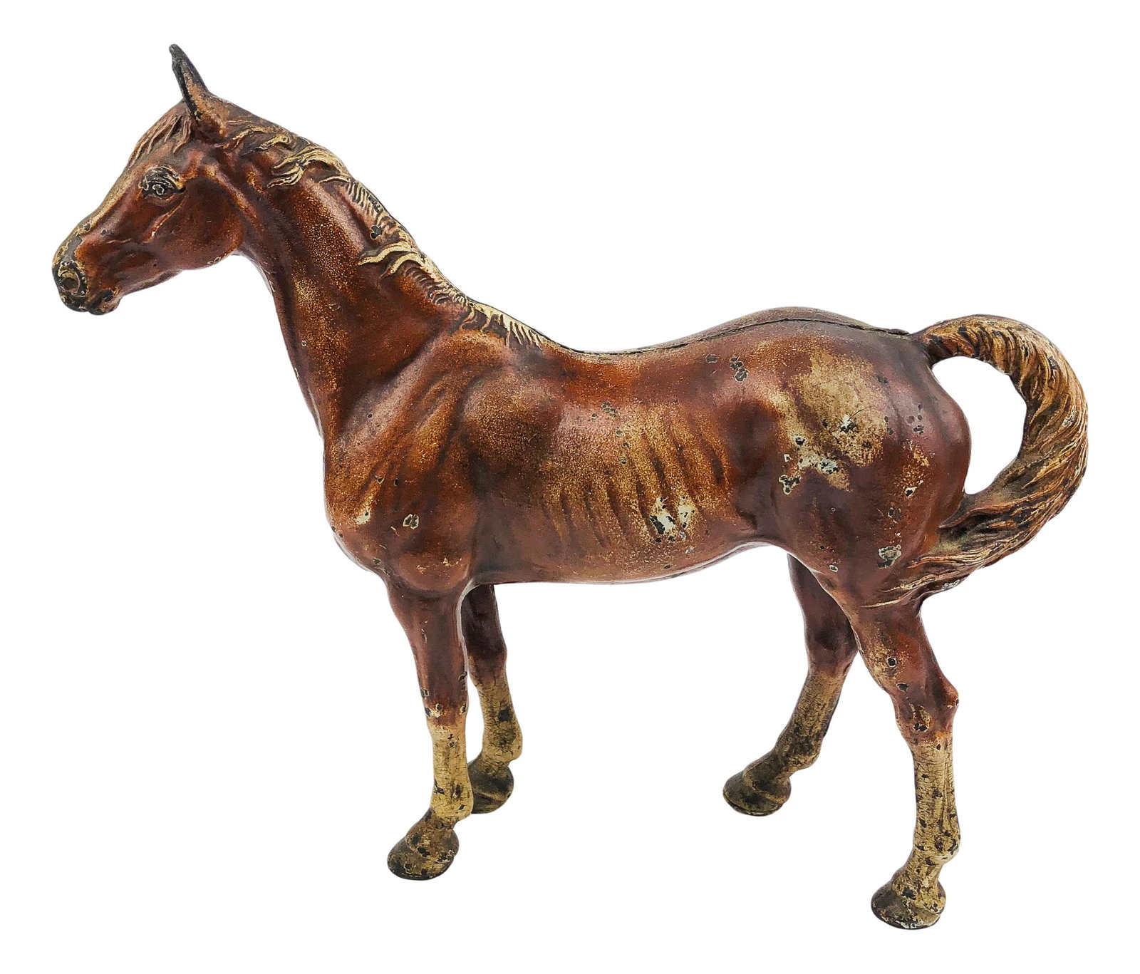 Cast Iron Old Figural Horse Equestrian Doorstop: Antique horse door stop crafted out of cast iron. No apparent markings, being advertised in the style of Hubley and Bradley & Hubbard. SHIPPING MIDDLEMANBROKERS INC. will offer in-house continental US
