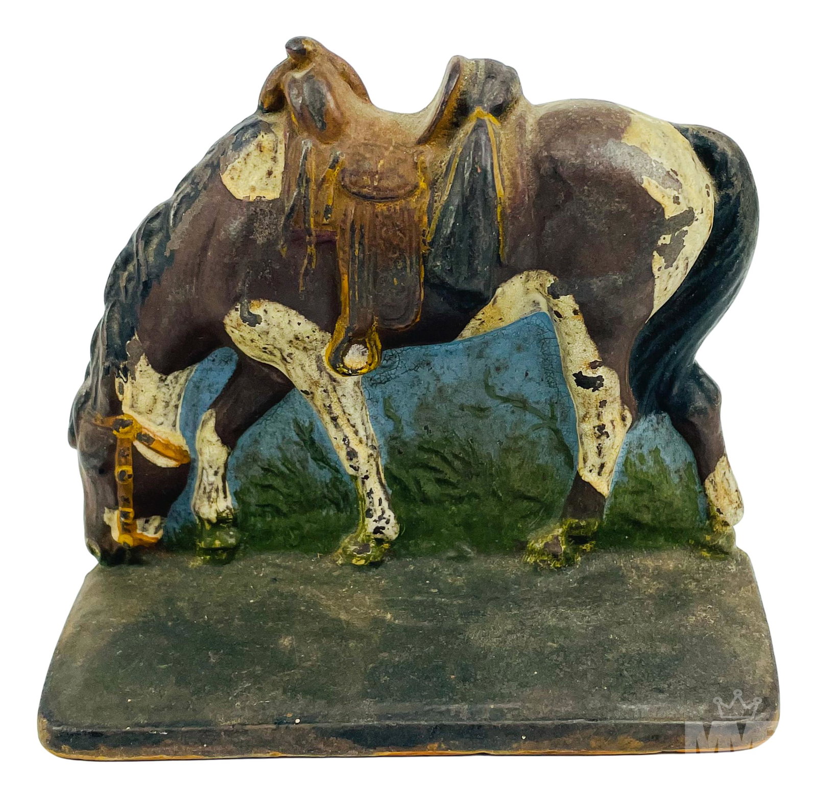 Cast Iron Horse Grazing Grass Figural Doorstop: Cast iron doorstop or bookend featuring a grazing horse. No apparent markings, being advertised in the style of Hubley and Bradley & Hubbard. SHIPPING MIDDLEMANBROKERS INC. will offer in-house contine