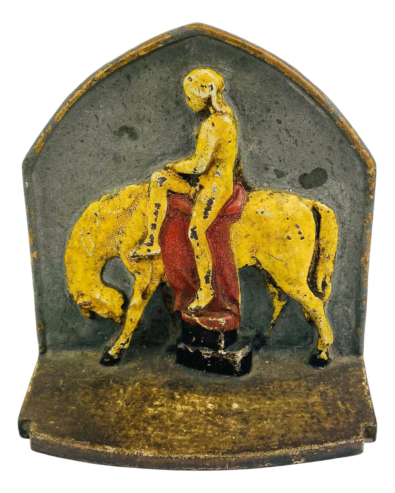 Cast Iron Nude Figure Sitting on Horse Doorstop: Cast iron door stop featuring a a nude woman sitting on a horse. No apparent markings, being advertised in the style of Hubley and Bradley & Hubbard. SHIPPING MIDDLEMANBROKERS INC. will offer in-house