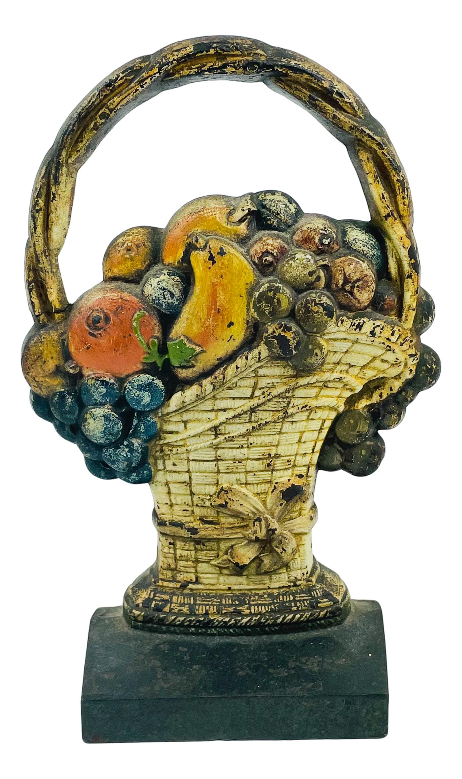 Old Cast Iron Tropical Fruit Woven Basket Doorstop (1 of 4)