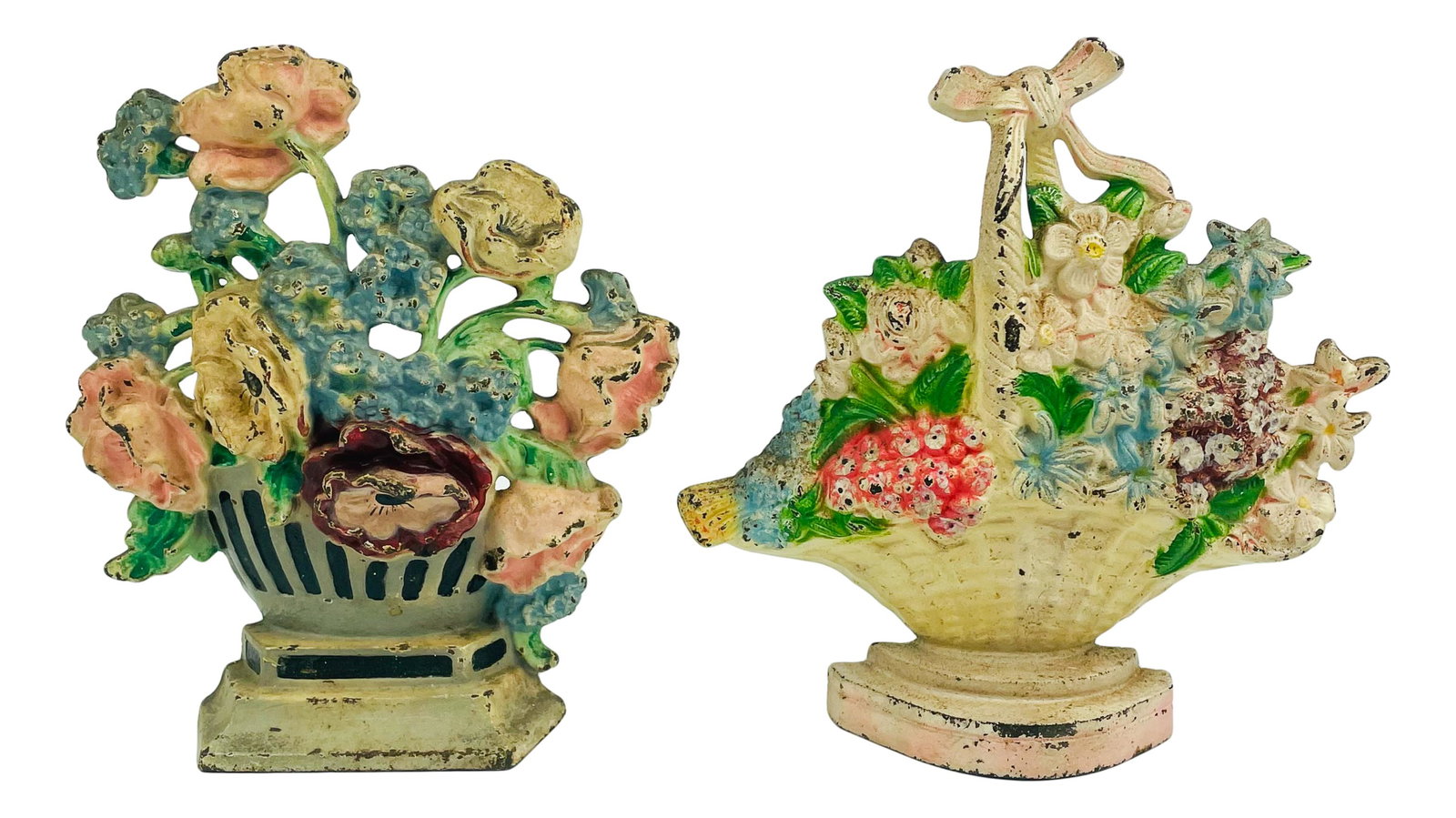 Lot of Hubley Flower Basket Cast Iron Doorstops: Hubley Manufacturing company door stops crafted out of cast iron. Lot includes: (1) Poppies and Cornflowers #265 measuring 7.75" x 7" x 2"; and (1) Basket of flowers #475 measuring 7.5" x 8" x 2". No