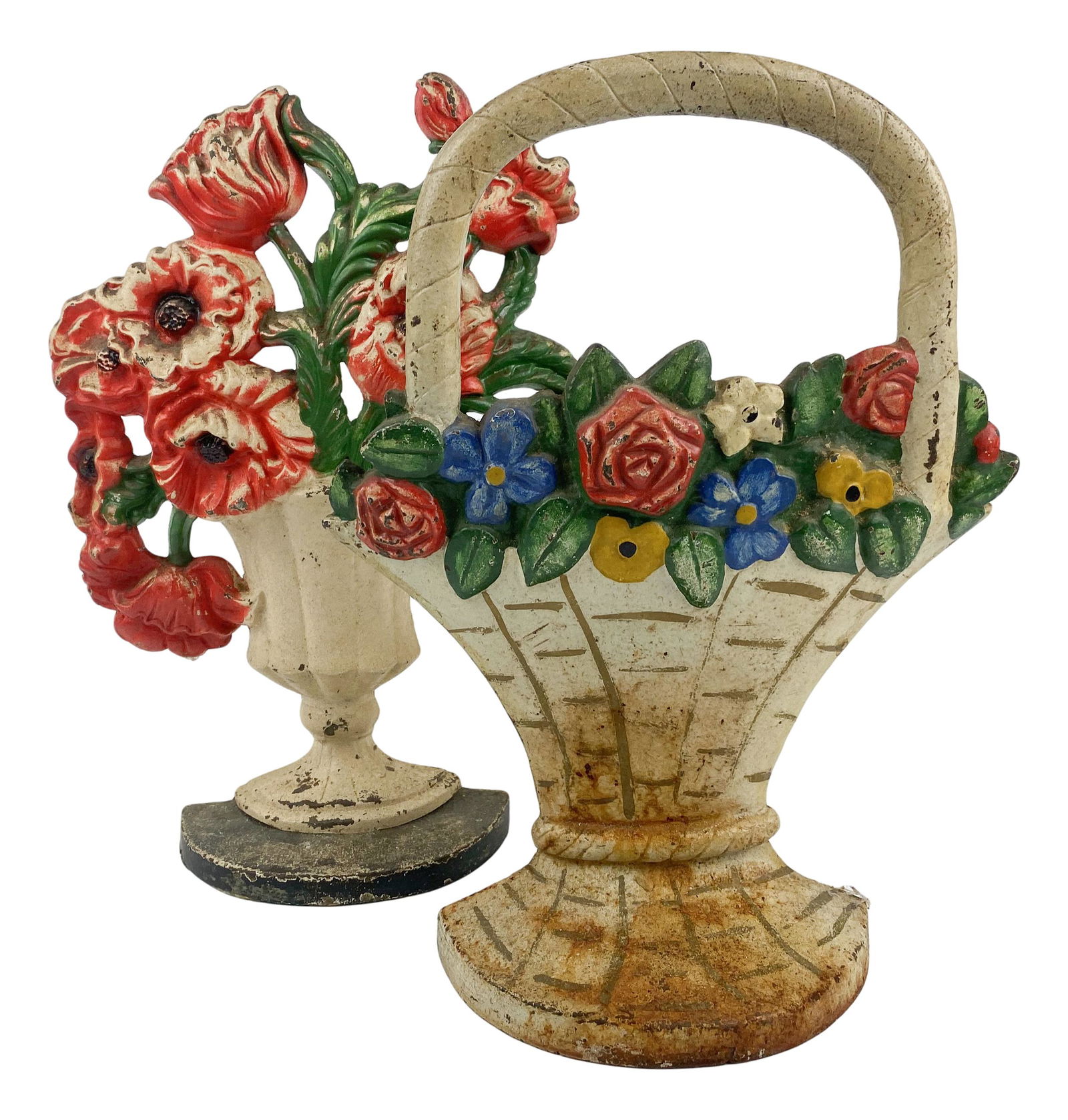 Pair Old Cast Iron Poppy & Flower Basket Doorstops: Cast iron door stops. Lot includes:(1) Poppy inventory number 440. Measuring 10.5" x 7.75" x 2.25". and (1) Flower basket inventory number 3 measuring 11" x 10" x 3". No apparent markings, being adver