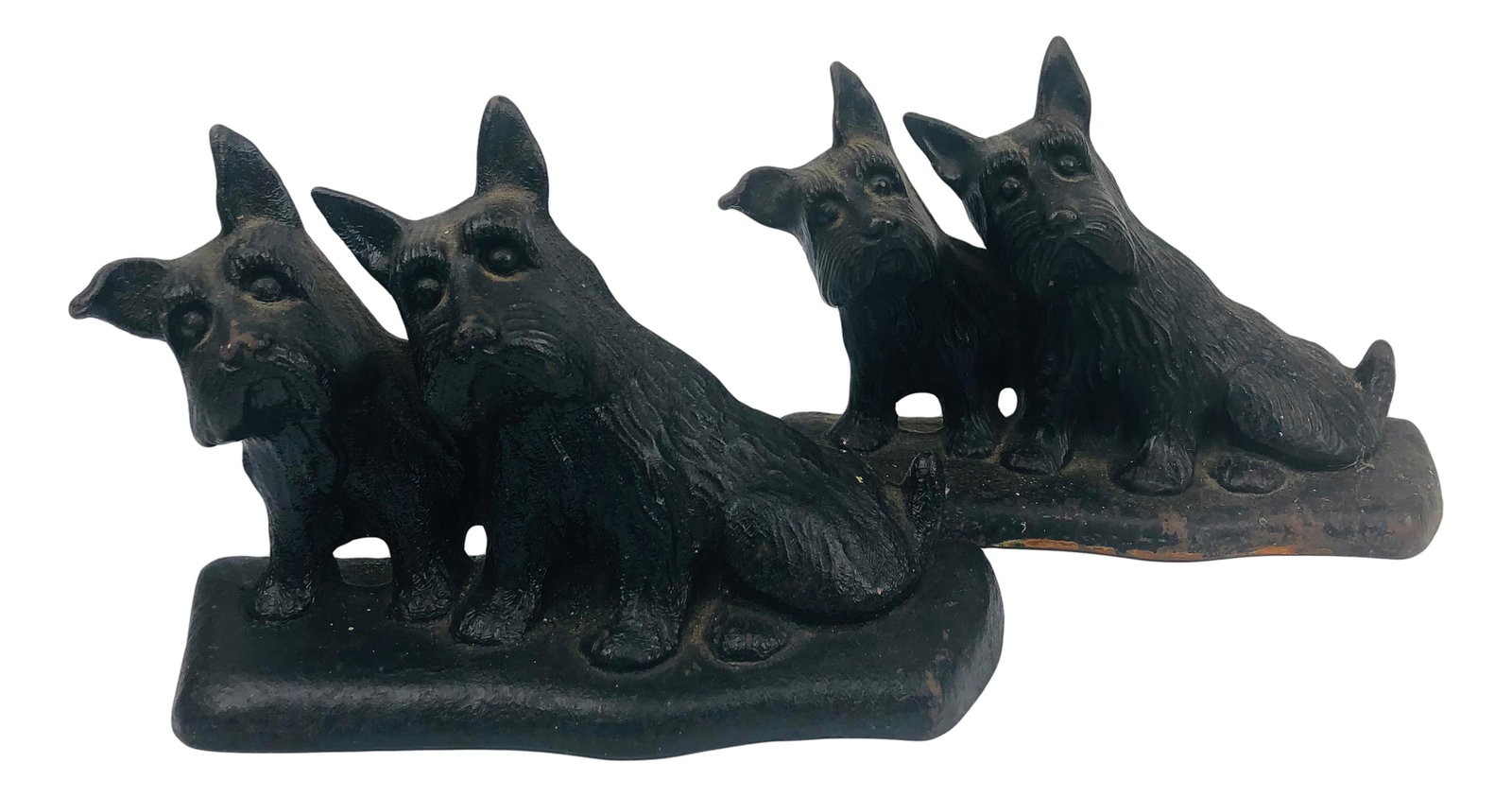 Lot 2 Double Listening Scottie Dog Doorstops: Pair of cast iron dog doorstops or bookends. Each features two Scottie dogs. Marked MSM 157 on verso. Being advertised in the style of Hubley and Bradley & Hubbard. SHIPPINGMIDDLEMANBROKERS INC. will