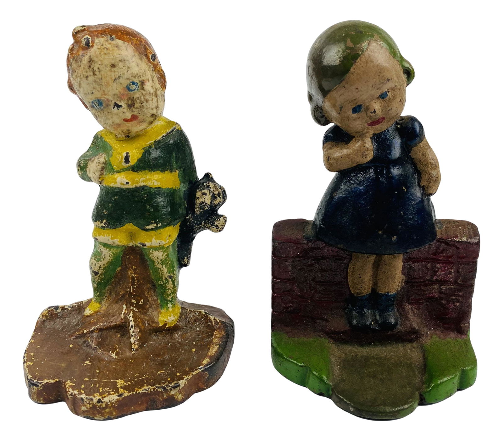 Pair Old Cast Iron Boy and Girl Figural Doorstops (1 of 4)