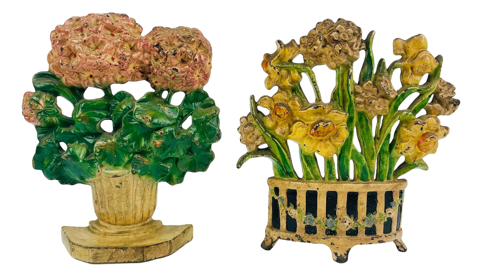 Pair Cast Iron Narcissus Primrose Floral Doorstops: Door stops crafted out of cast iron. Lot includes: (1) Narcissus #266 measuring 7.25" x 6.75" x 2"; and (1) Primrose measuring 7.25" x 6.25" x 2". No apparent markings, being advertised in the style o