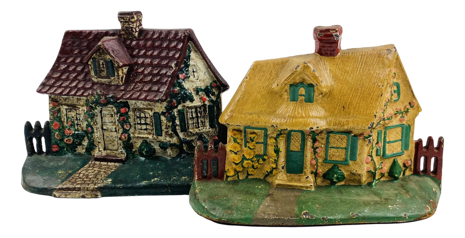Lot Old Cast Iron Cottage with Fence Doorstops #32 (1 of 4)