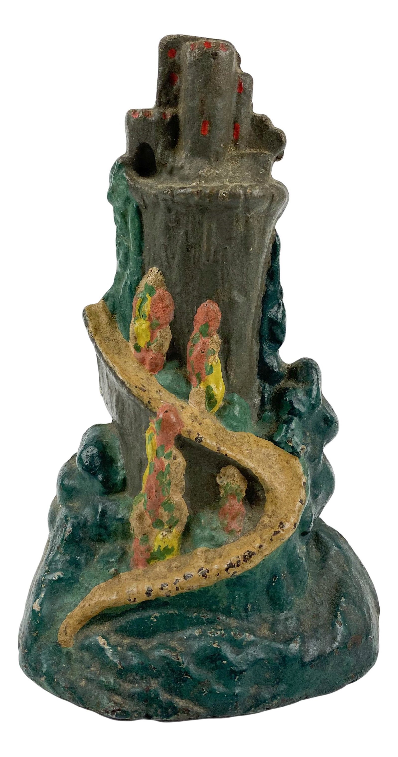 Cast Iron Path to the Castle on the Hill Doorstop: Cast iron doorstop featuring a winding path up to the castle on top of the hill. No apparent markings, being advertised in the style of Hubley and Bradley & Hubbard. SHIPPING MIDDLEMANBROKERS INC. wil