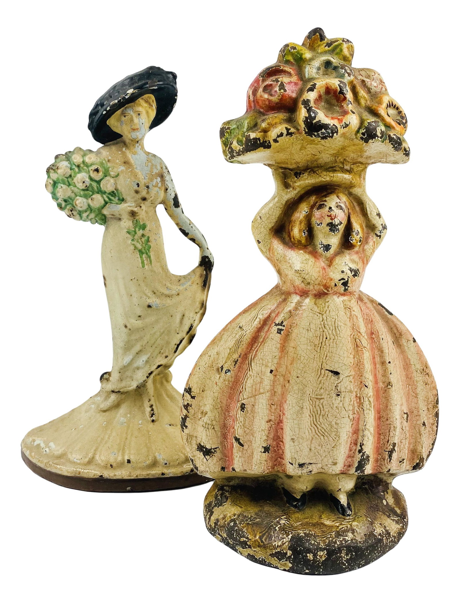Lot Cast Iron Maid of Honor & Peasant Doorstops: Cast iron door stops. Lot includes:(1) Maid of Honor. Measuring 8.25" x 5 " x 2". and (1) Peasant Girl inventory number 5 measuring 8.75" x 5" x 2"; No apparent markings, being advertised in the style