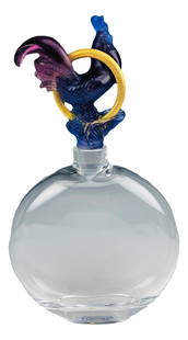 Daum France Pate De Verre Crystal Glass Bottle: Daum France Pate De Verre crystal glass perfume scent bottle. Features purple pate de verre rooster form stopper with gold gilt metal ring. Signed "Daum France".Dimensions: 13 X 7.5 X 2.25 in. 