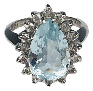 14K Gold Aquamarine Diamond women's Ring Size 5.75: Pear cut aquamarine, diamond and white gold women's ring. The aquamarine is 5 carats, the diamonds are approximately 1/2 carat. Signed 14K. Ring size 5.75. Total weight 5.4 grams. Condition: Good