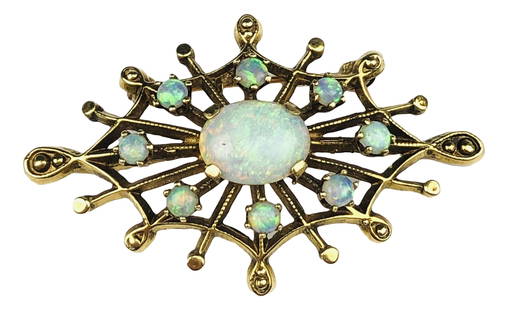 14K w Opal Victorian Romantic Revival Brooch Pin: 14 K yellow gold and Australian opal spider web style brooch pin. Finished on the back with simple safety pin clasp closure. Unmarked but tested positive for 14K gold. Total weight 6.1 grams.