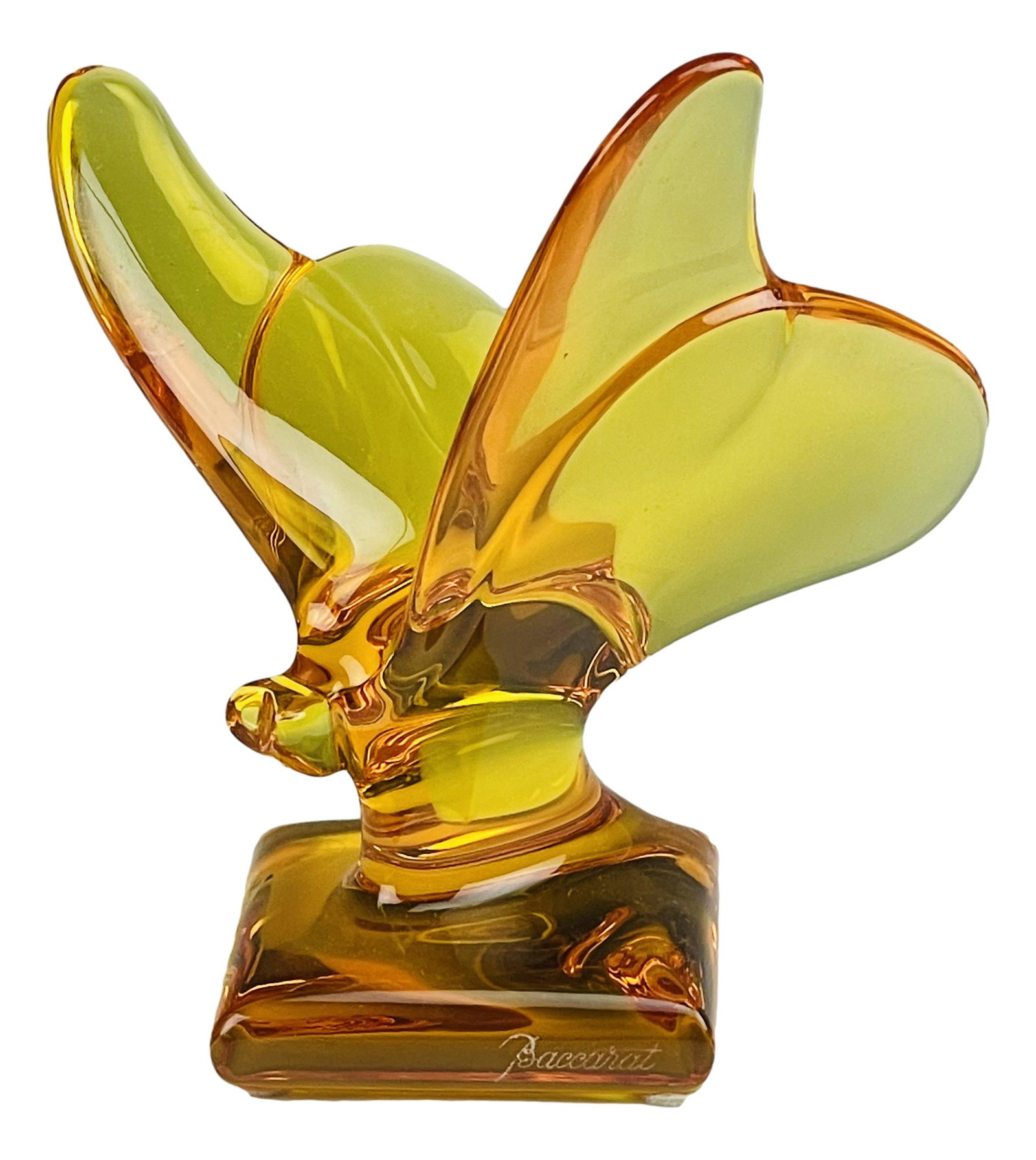 Baccarat Crystal Amber Lucky Butterfly on Pedestal: Baccarat France French Amber Colored Lucky Butterfly on Pedestal Art Glass Figurine / Desk Paperweight. Signed with the cursive Baccarat script signature to the base on one side. Underside with the Ba