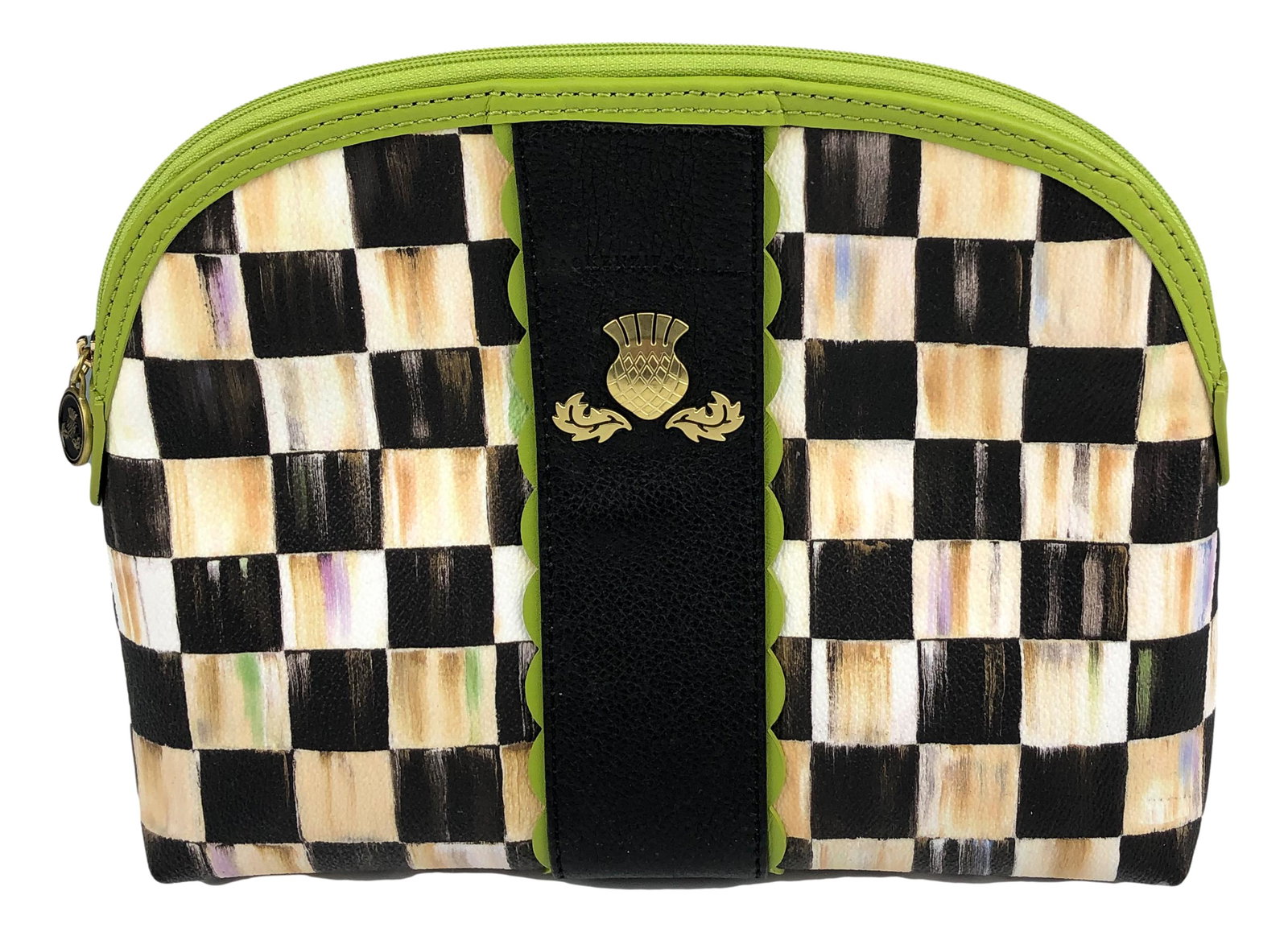 Mackenzie Childs Courtly Check Vinyl Cosmetic Bag: Crafted of textured vinyl and modeled in the Courtly Check pattern that was introduced in 2008. Interior with a single flat zippered compartment. Gold tone hardware. Signed Mackenzie Childs. Dimension