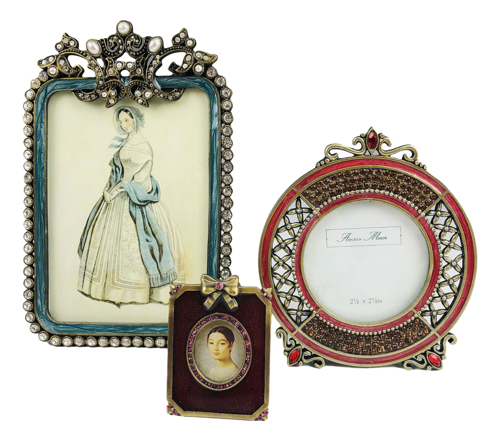 Two's Company Enamel Bejeweled Picture Frame LOT: Two's Company enamel bejeweled picture photo frames. This lot features three jeweled brass enamel picture frames. Two of them squared shaped and one round. Largest measures 6.25 in. x 4.25 x 0.5 in. S