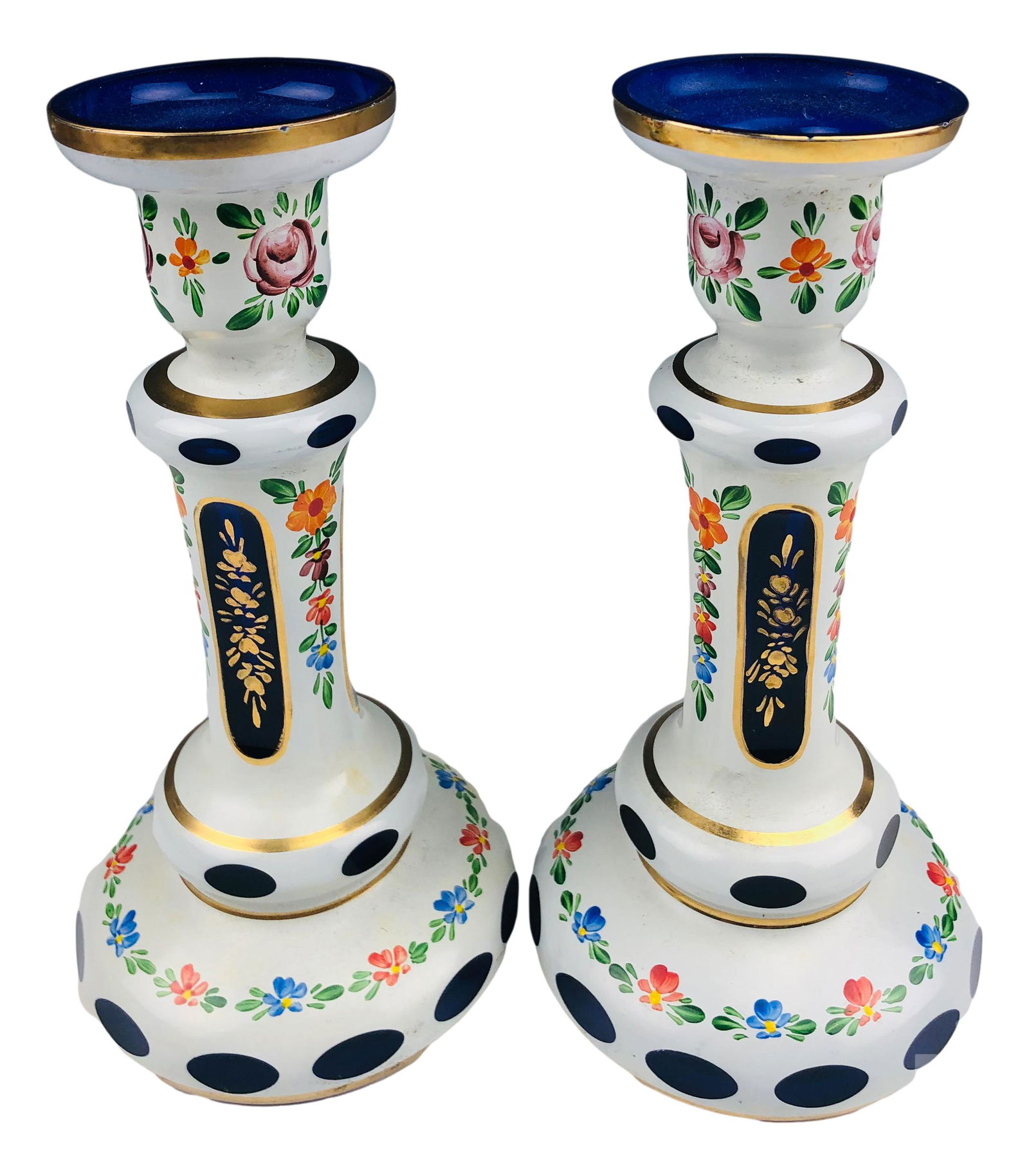 Pr Bohemian Czech Art Glass Painted Candle Holders (1 of 5)
