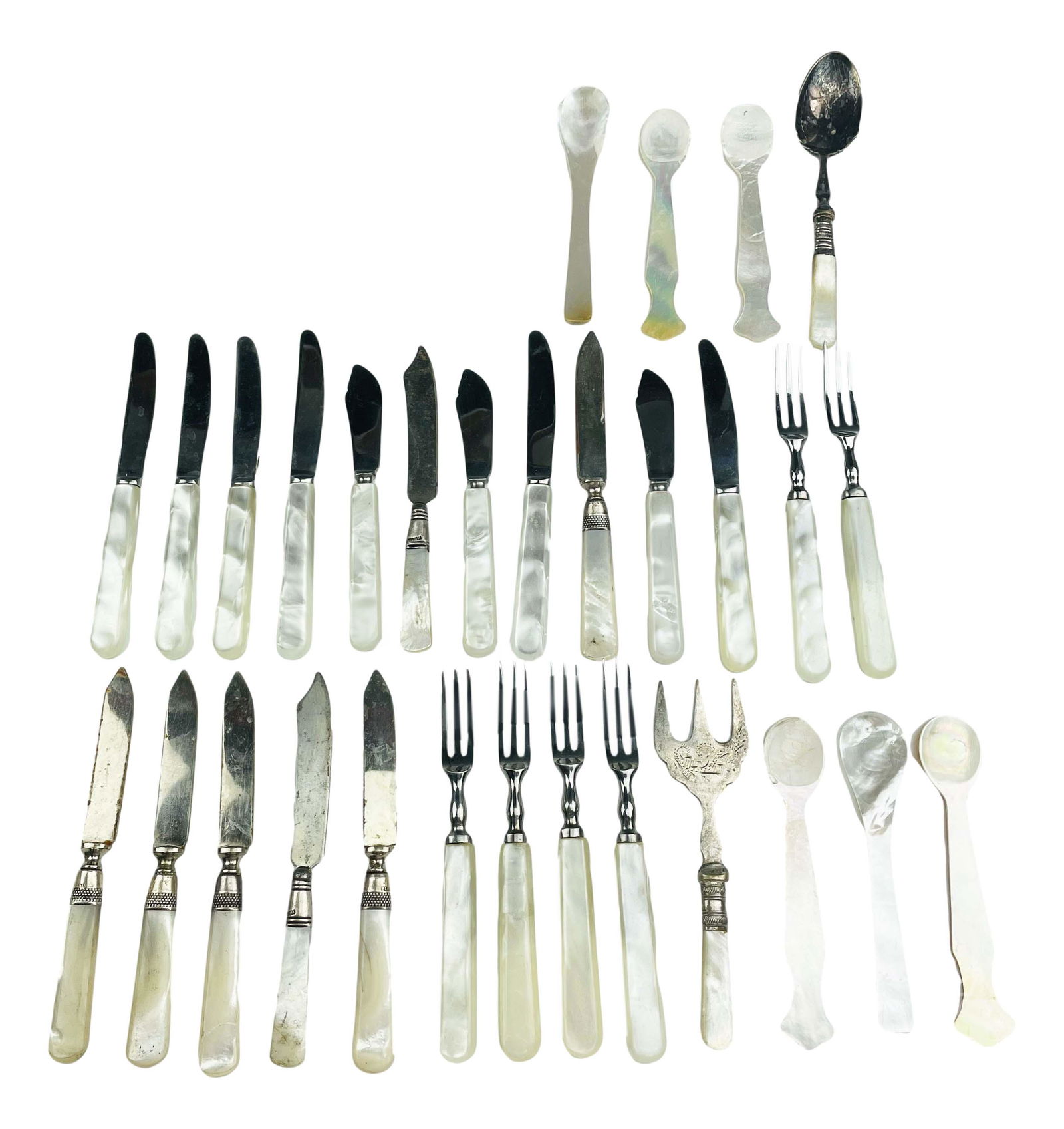 Sterling Band Mother Pearl Handle Knife & Fork LOT (1 of 11)