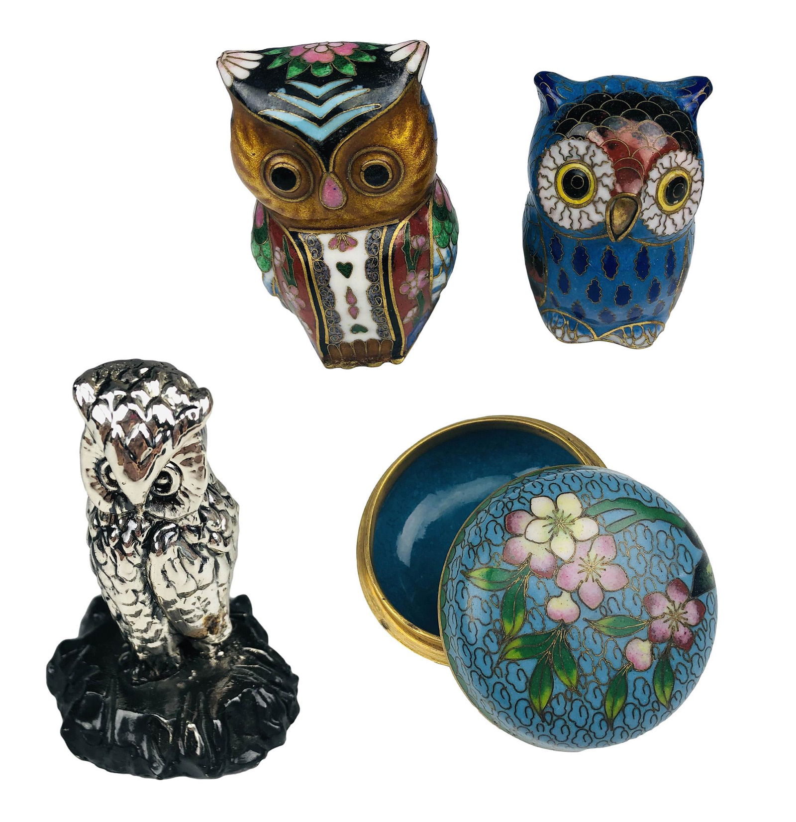 Cloisonne Enamel Owls Box & Sterling Sculpture LOT (1 of 10)