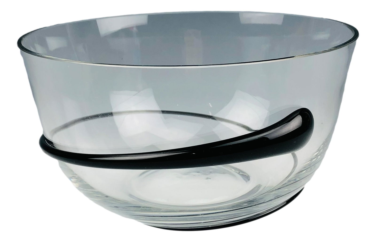 Rosenthal Modernist Studio Art Glass Center Bowl: Large round crystal studio hand blown art glass bowl with an applied black glass accent on the outside. Signed on the inside bottom reads Rosenthal Germany 100 Jahre with date years. Dimensions: 4.75