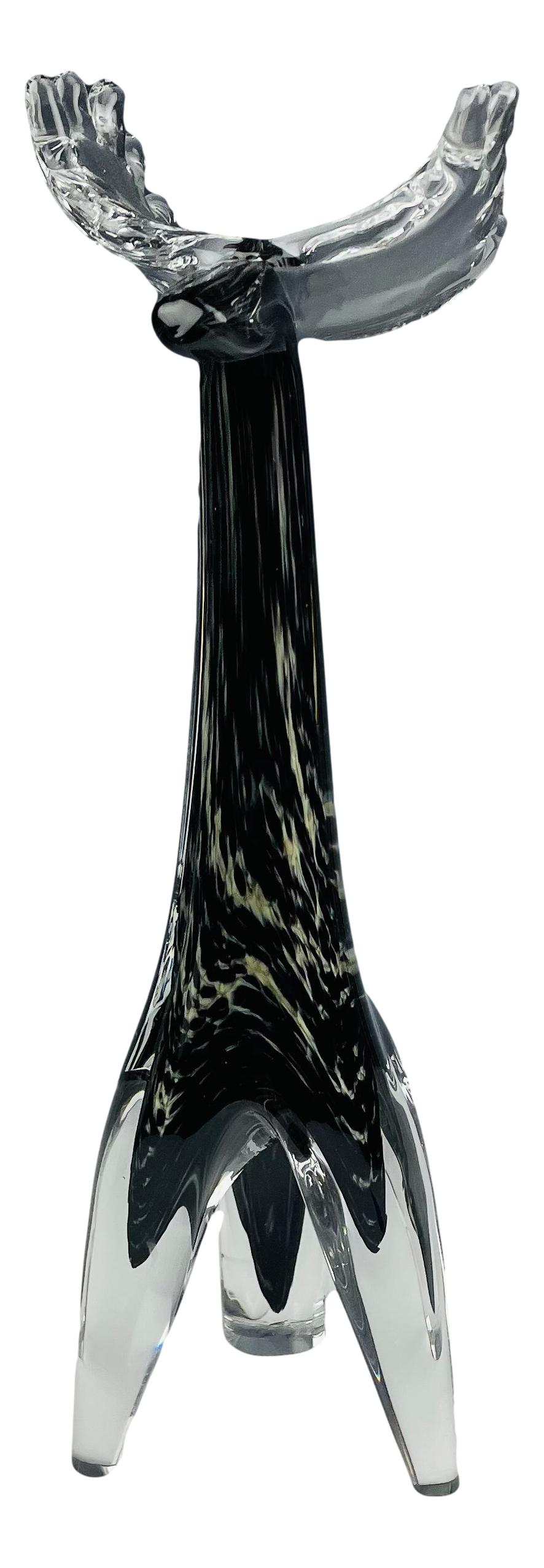 Marcolin Ronneby Swedish Art Glass Moose Sculpture: Whimsically designed Swedish studio hand blown cased art glass moose sculpture. Body graced with a spatter ware design encased in clear molten liquid crystal. Applied clear glass antlers. Signed in cu