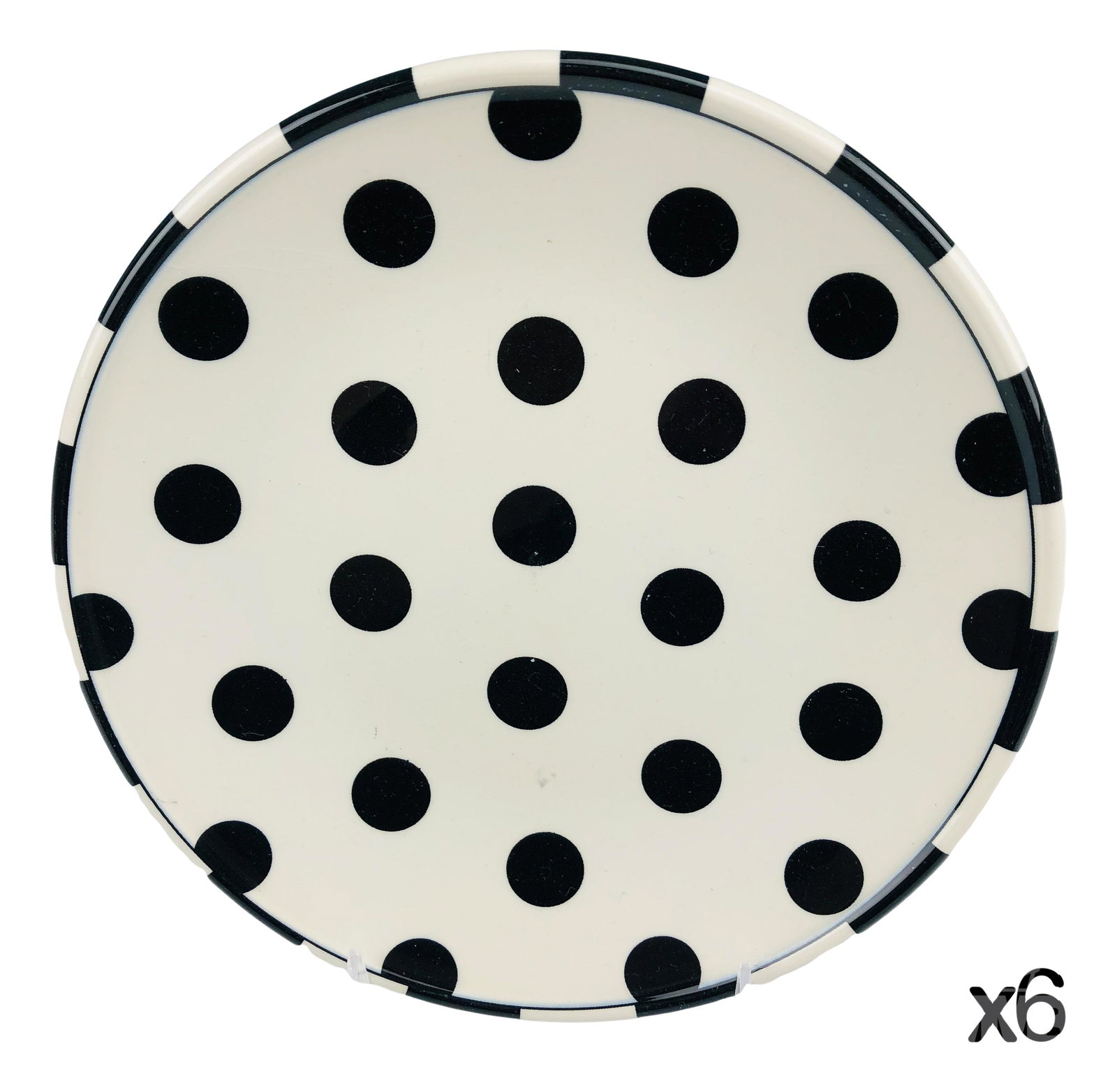 6 Royal Stafford Monochrome Dots Luncheon Plates: Retired English earthenware plates modeled in the "Monochrome Dots" pattern. Each graced with black polka dots against an off white ground with a banded design around the border. Glazed finish. Signed