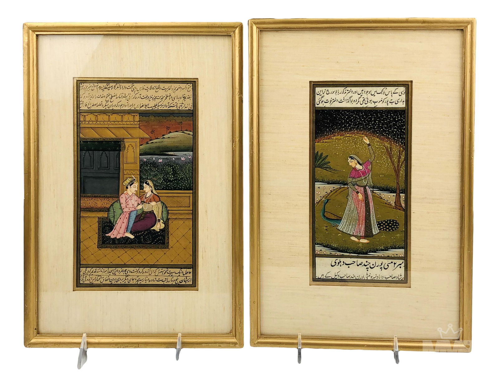 Pair Mughal Antique Illuminated Manuscript Pages: Pair of antique hand painted watercolor illuminated manuscript page .Depicting an intimate scene of a king with a female, and a beautiful female dancer. housed in wooden frame. Work Size: 8.5 x 4.5 in
