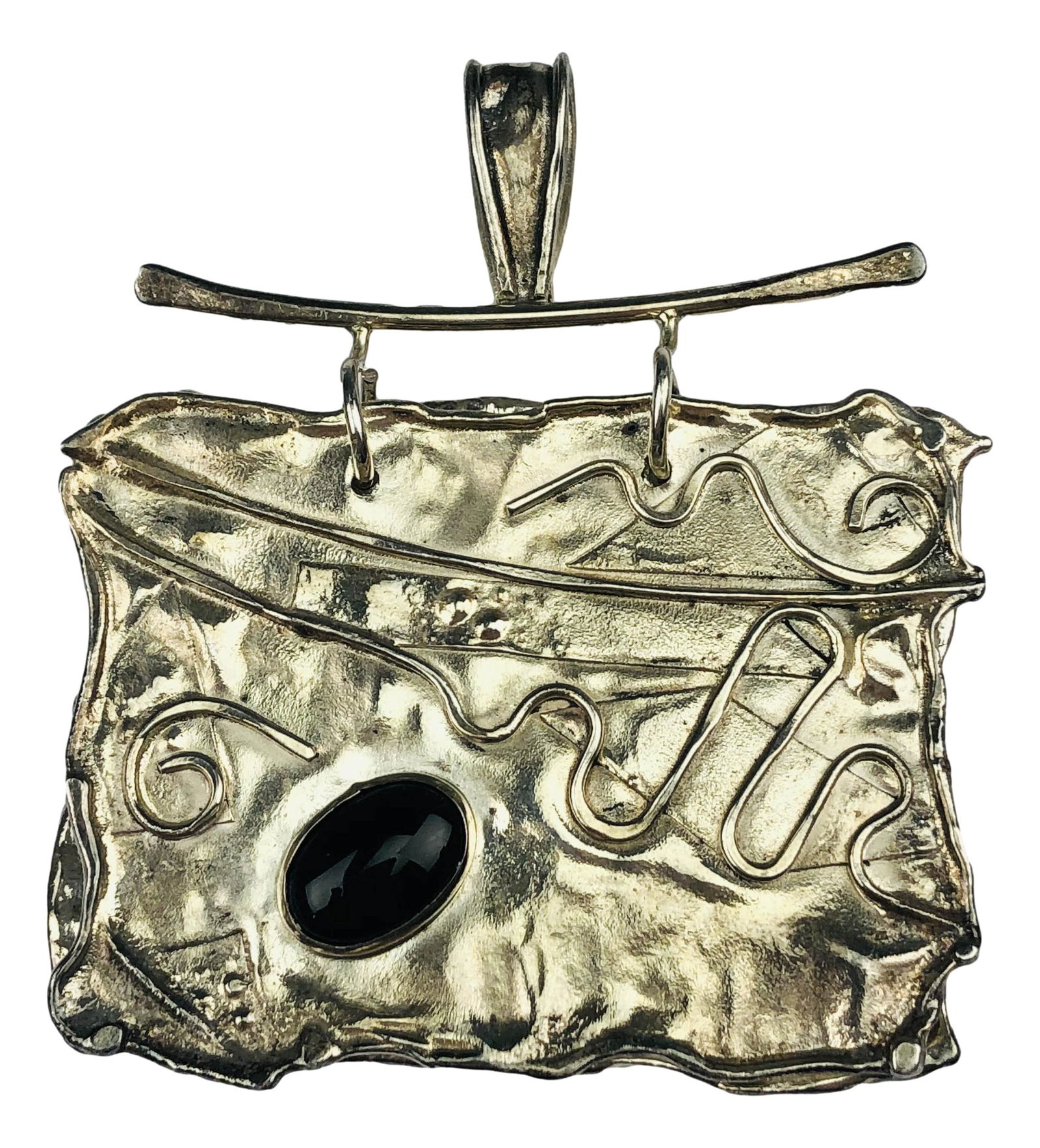 Sterling Silver Vintage Art Deco Wavy Line Pendant: Sterling silver vintage retro art deco pendant. Features wavy zig zag lines with a black onyx stone. Pendant swings and flips open.Dimensions: 3 X 2.5 X 0.3 in. Condition: Good overall condition