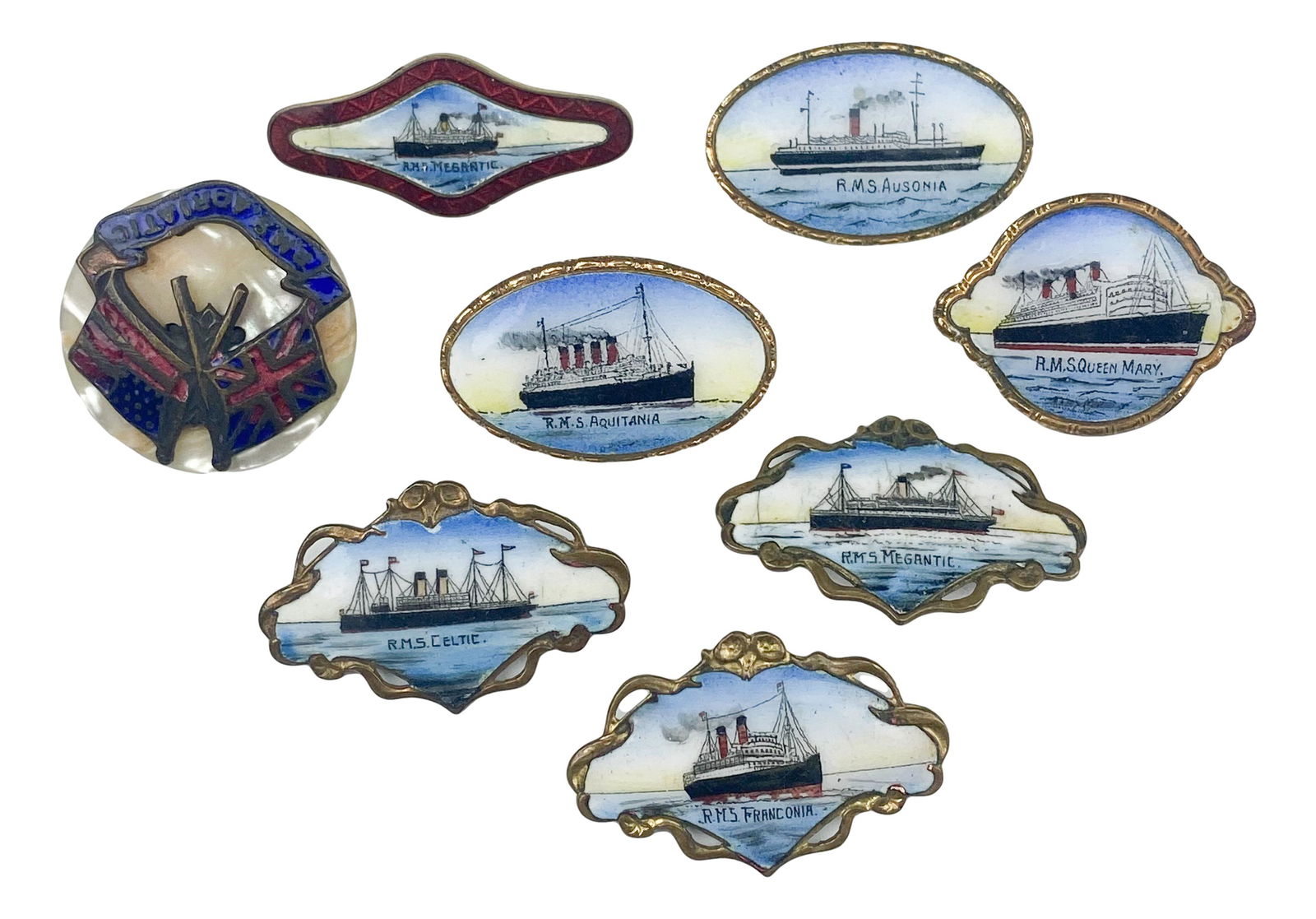 Antique Enamel Painted Ocean Liner Brooch Pin LOT (1 of 6)