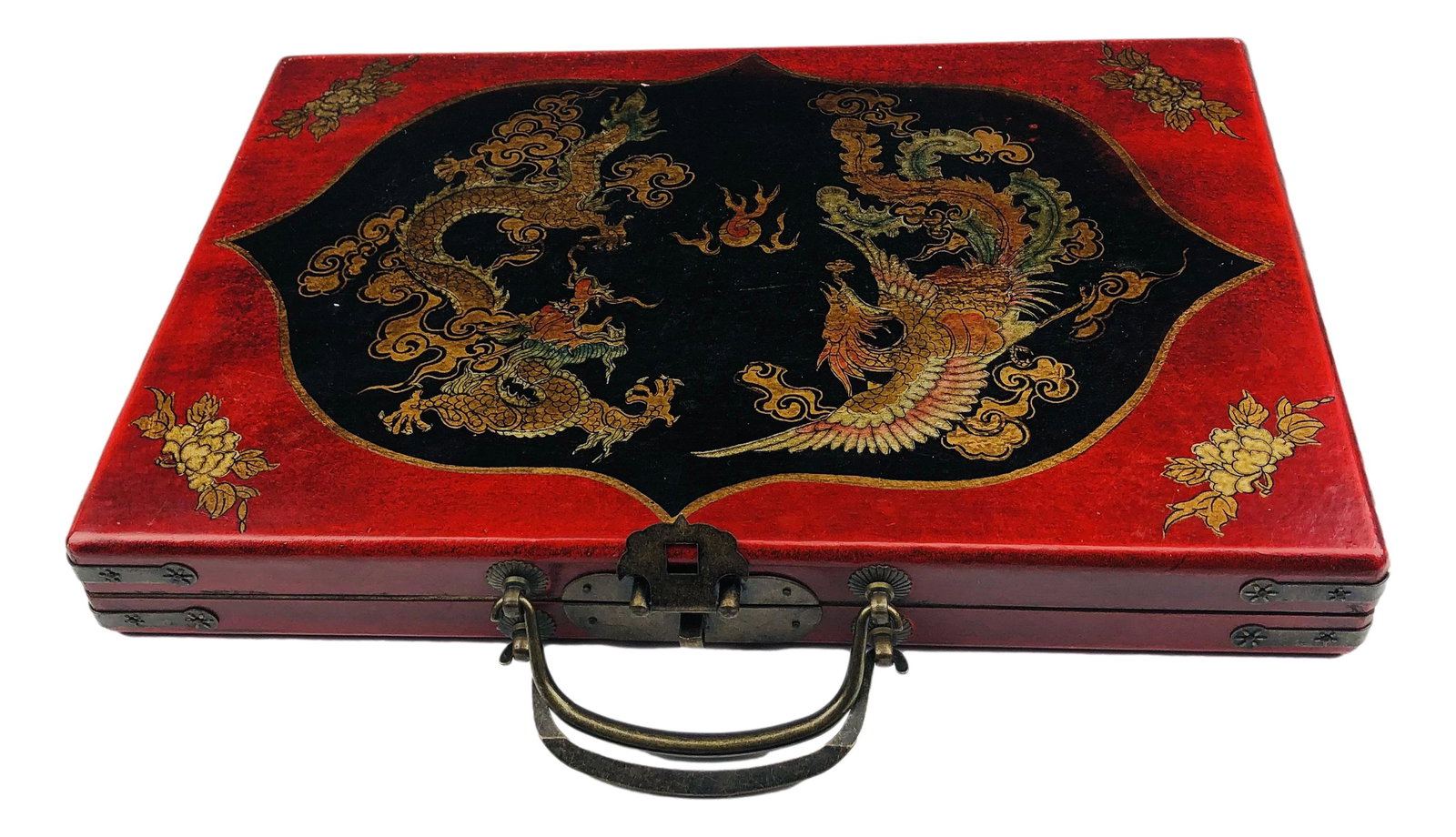 Chinese Mahjong Bone & Bamboo Set with Dragon Box: Chinese Mahjong bone and bamboo tile game set. Features complete set of game pieces with original wood red dragon box. Interior of box decorated in Chinese characters. Includes original game instructi