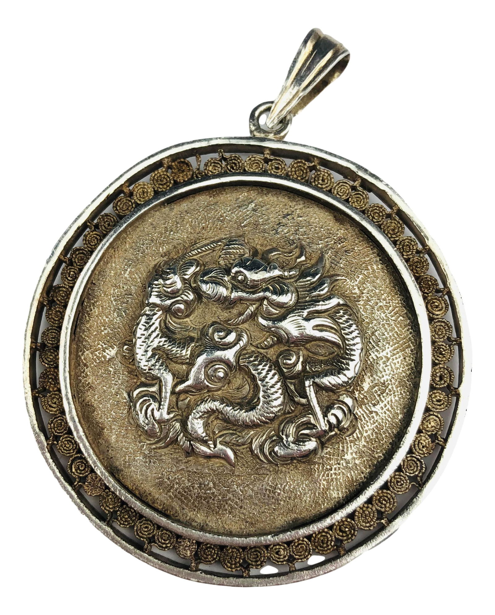 Antique Old Chinese Silver Dragon Medal Pendant (1 of 4)