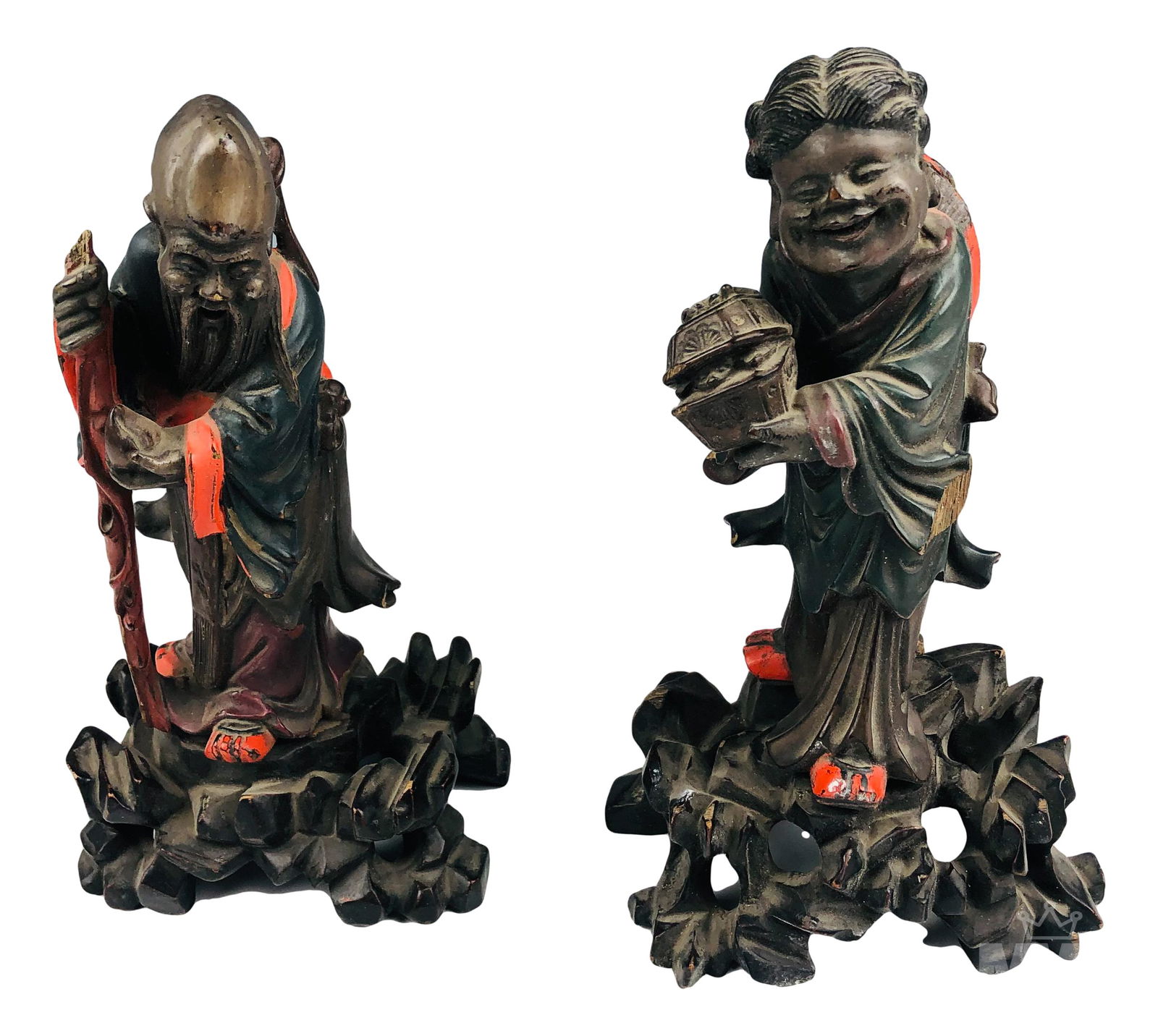 Pair Chinese Hand Carved Wood Figural Sculptures (1 of 8)