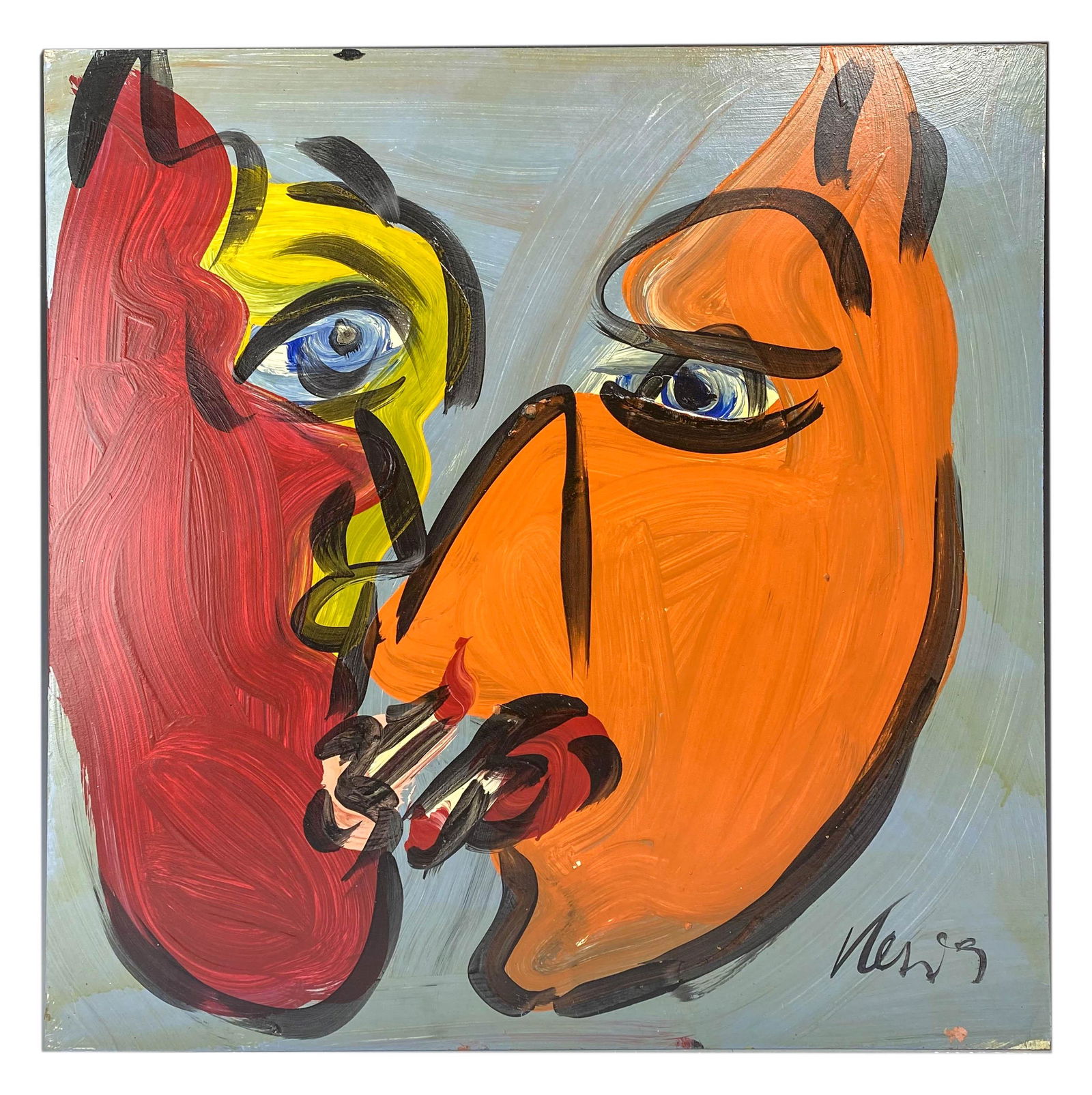 Peter Keil (b.1942) Neo Expressionism Oil Painting: Peter Robert Keil (German American, born 1942). An original oil painting on board. Titled, "Brothers." A Neo Expressionist figural composition with transverse human faces in profile, smoking cigarette