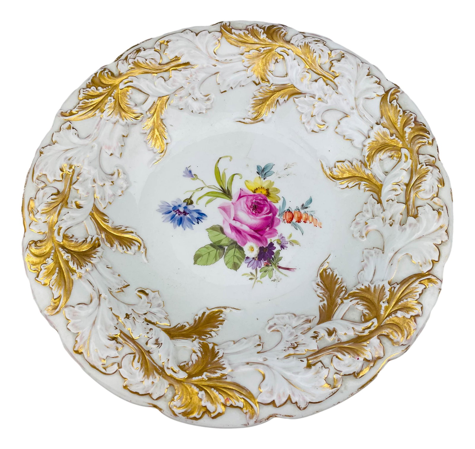 Meissen Pink Rose Gold Gilt Painted Porcelain Bowl: Antique German hand painted pink rose floral bouquet and raised leaf gold gilt porcelain bowl with a scalloped border. Measures 1 3/4" in height x 10" in diameter. Signed with the crossed blue swords 