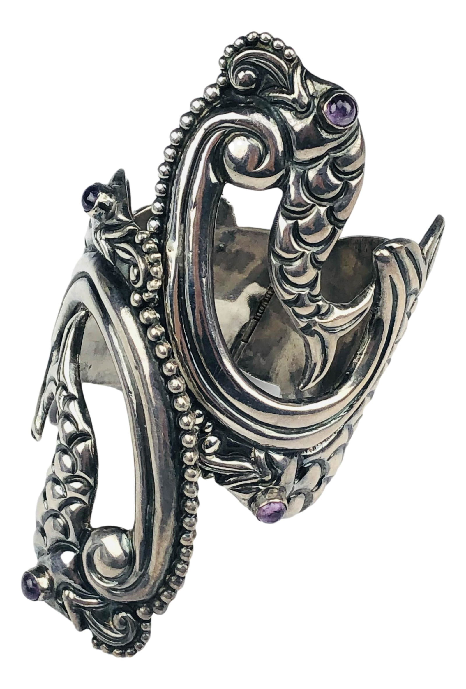 Taxco Mexico Silver 940 Amethyst Clamper Bracelet (1 of 5)