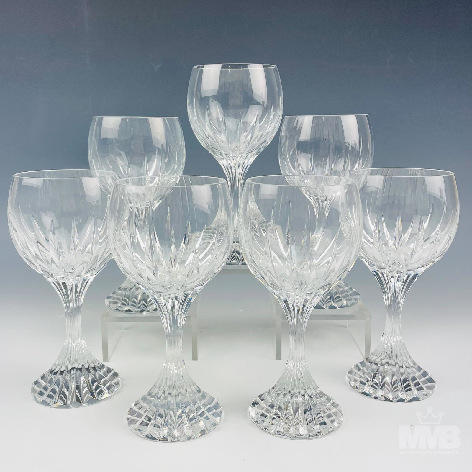 Baccarat Crystal Claret Wine Massena Glasses Set: Baccarat French crystal glass claret wine glasses set. This lot features seven wine glasses. Signed "Baccarat France" on bottom. Dimensions: 6.25 X 2.75 X 2.75 in. Condition: Good overall conditi