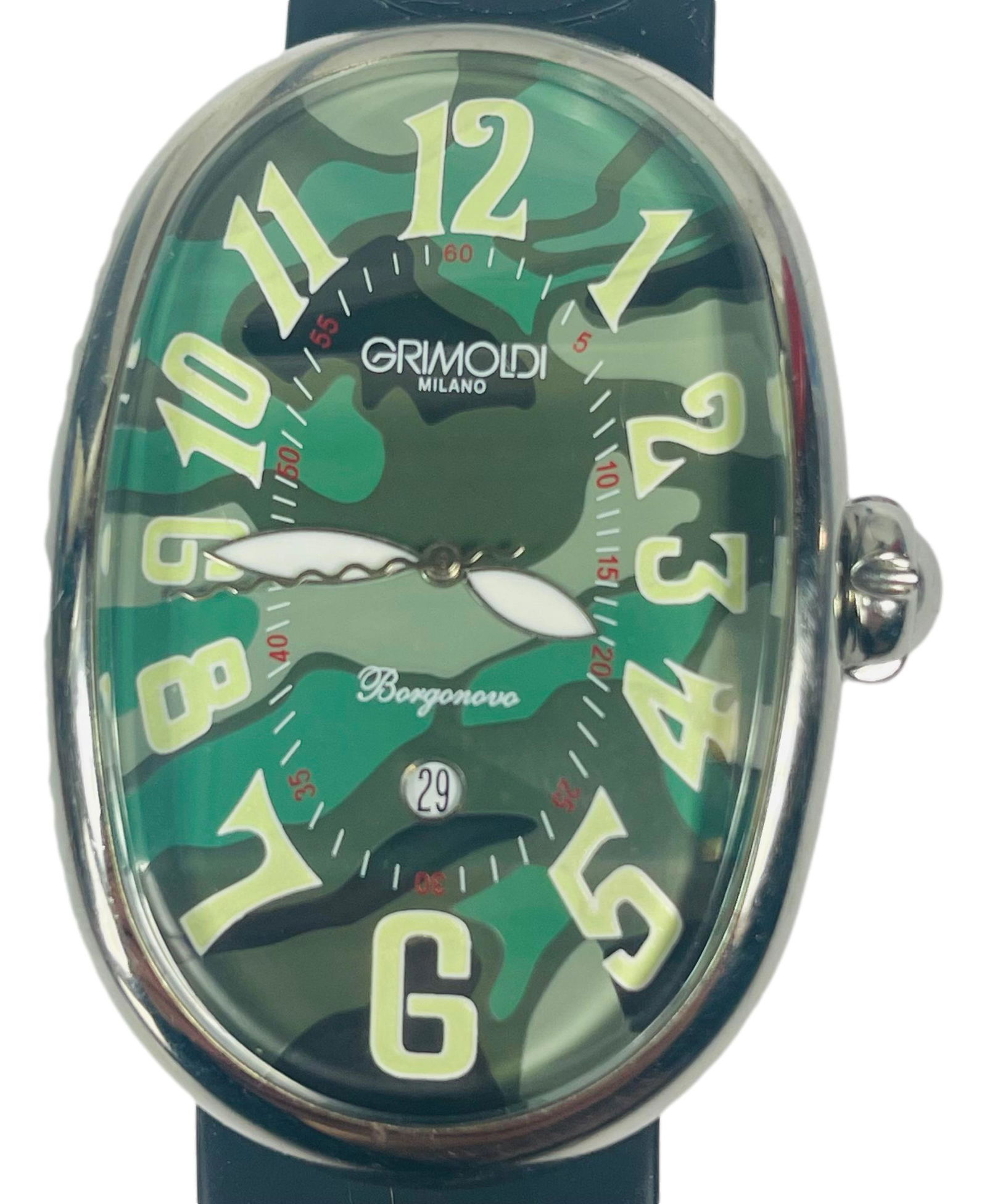 Grimoldi Milano Borgonova Unisex Designer Watch: Features a green colored dial face with retro style numeral markers. White colored leaf shaped hands with seconds sweep hand having a distinctive wave form. Prominent date display. Water resistant upt