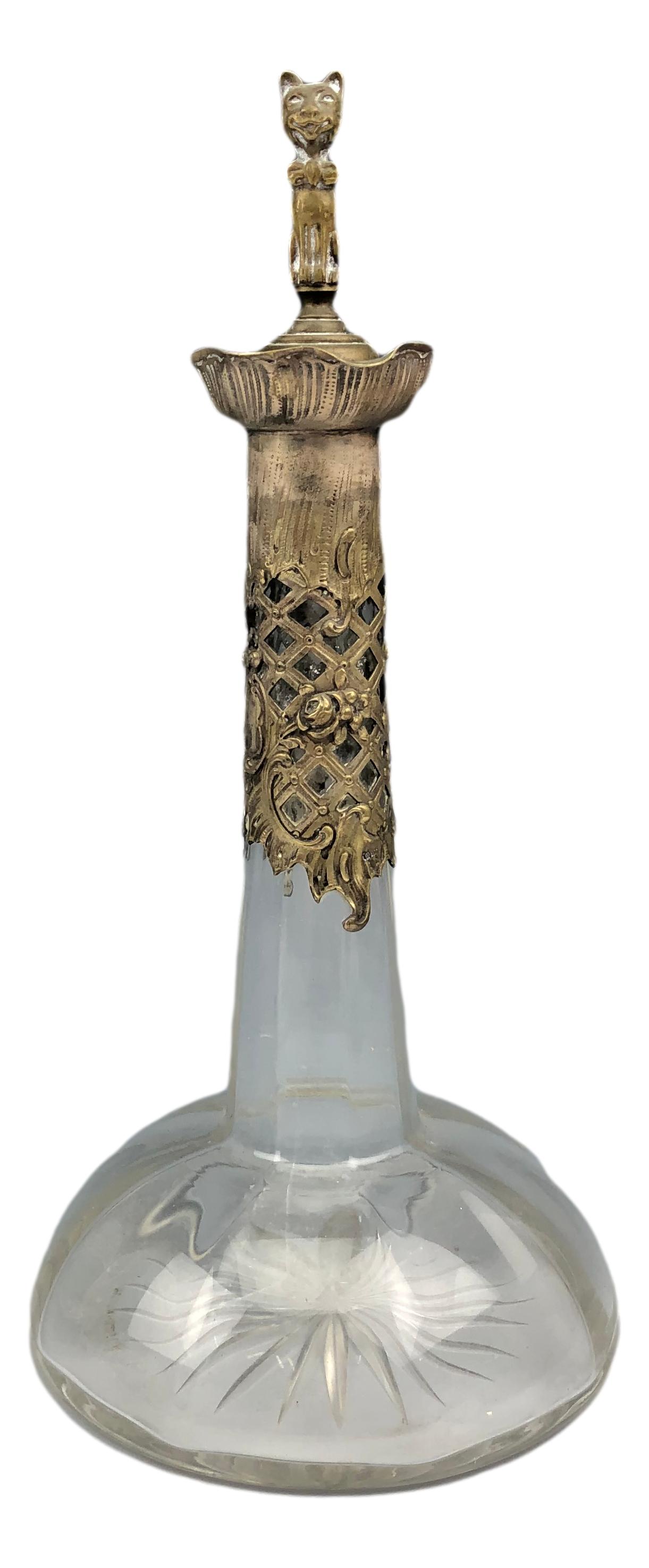 Antique Silver Mounted Glass Bottle w Cat Stopper (1 of 9)