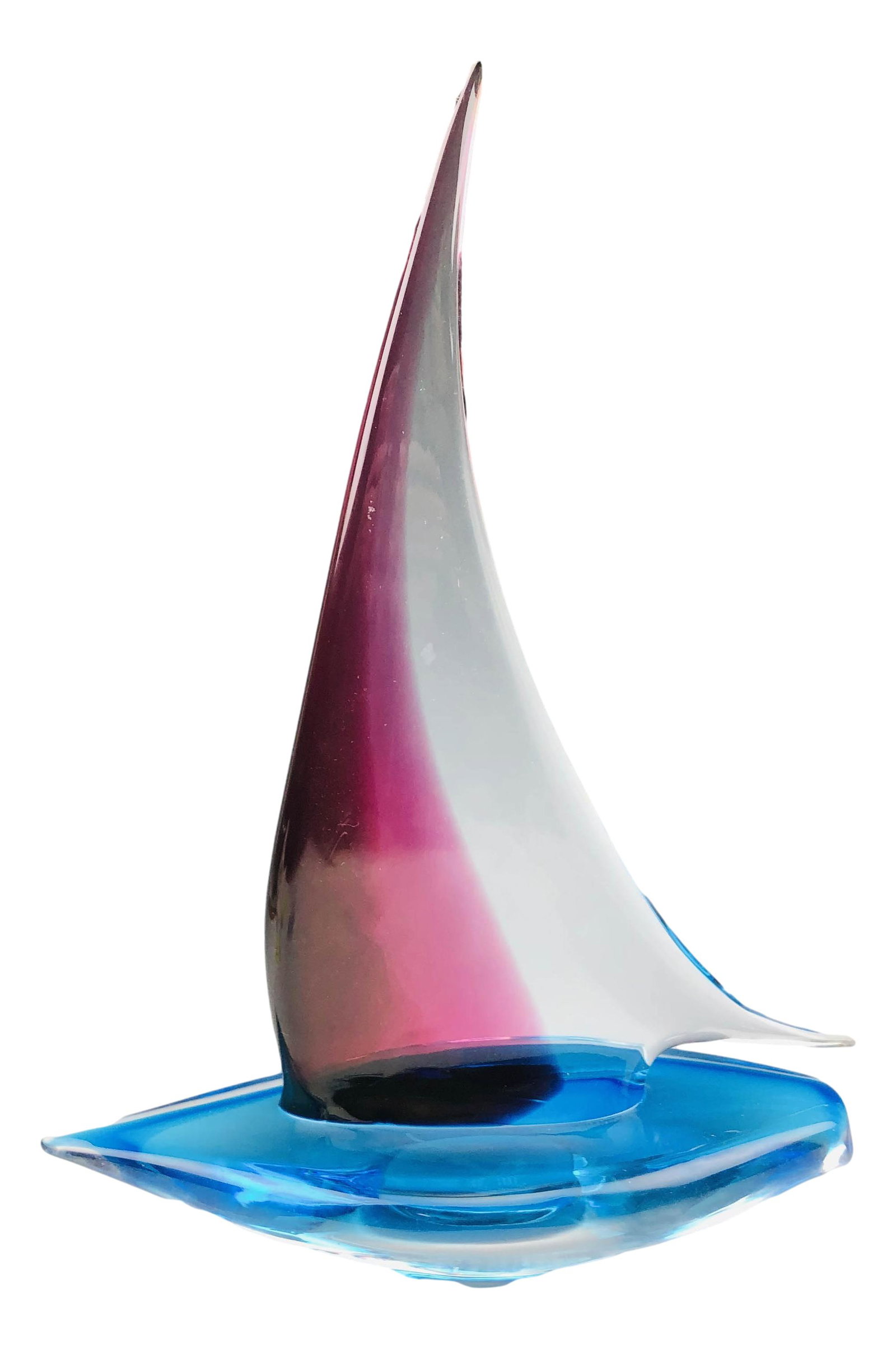 Formia Murano Italy Blown Glass Sailboat Sculpture: Studio hand blown Italian art glass sailboat with a partial red encased sail, the base with an oceanic blue coloration. Smooth polished finish. Measures 15" x 10 1/2". Signed on the sticker label Form