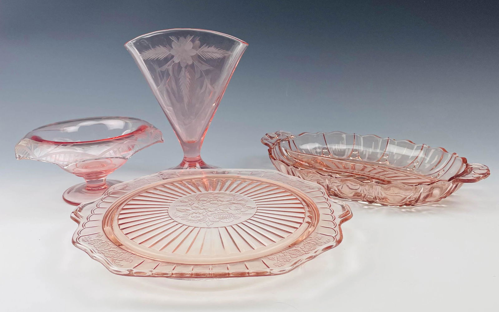 Pink Depression Glass Vase Compote Tray & Dish x 4 (1 of 8)