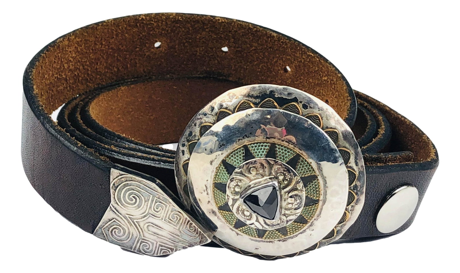 Brown Leather Belt Sterling Silver Gemstone Buckle: Features a domed sterling silver buckle with a red garnet atop and a sterling keeper mounted to a brown leather belt. Retains its patina. Belt measures from 29 1/2" - 37 3/4" approximately. Overall le