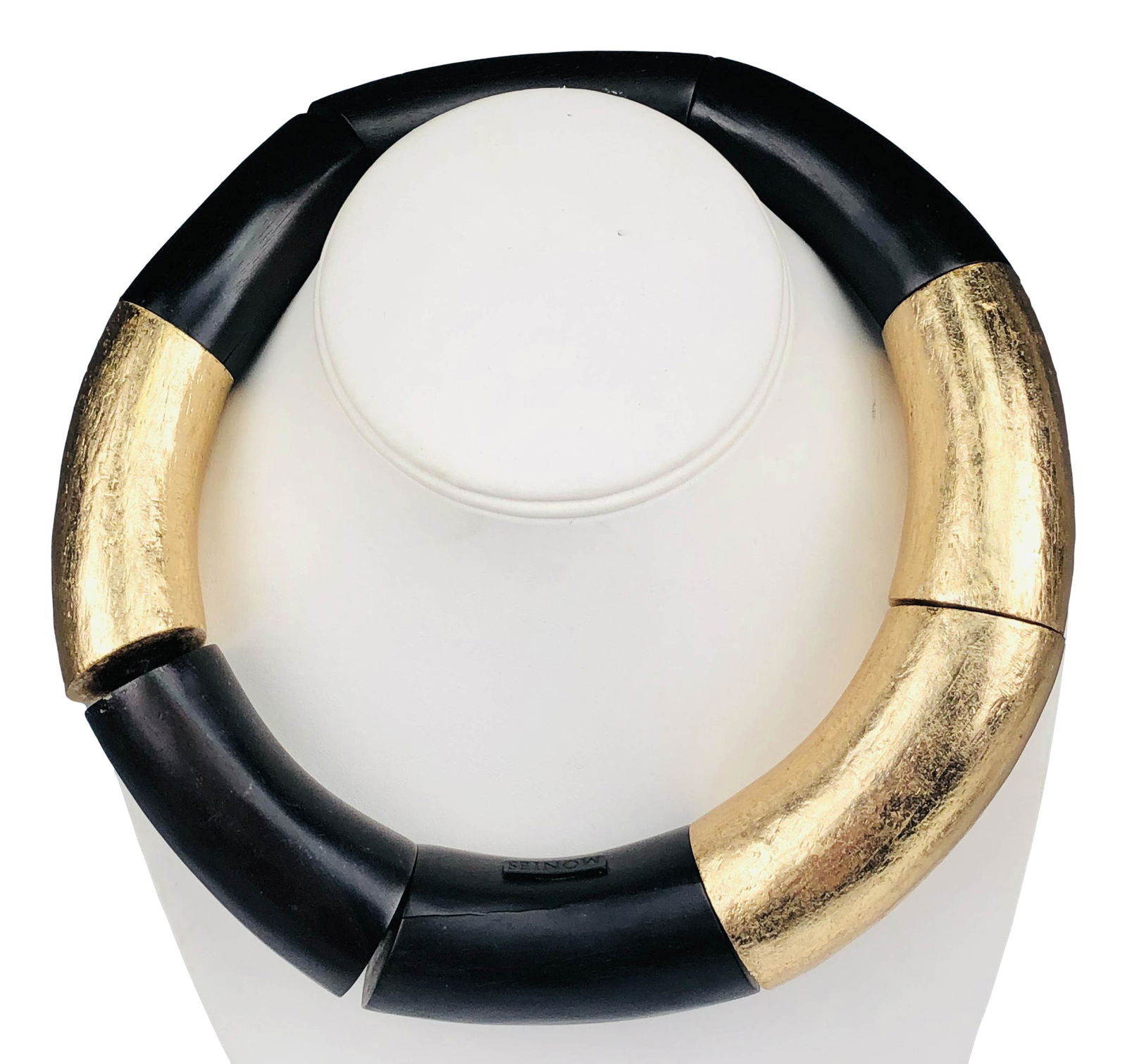 Monies Gerda Lynnggard Danish Choker Necklace: Monies ~ Danish jewelry company founded 1973 by husband and wife team of Gerda Lynnggard and Nikolai Monies. All articles are Handcrafted with an avante garde appeal. Features a wood and gold leaf con