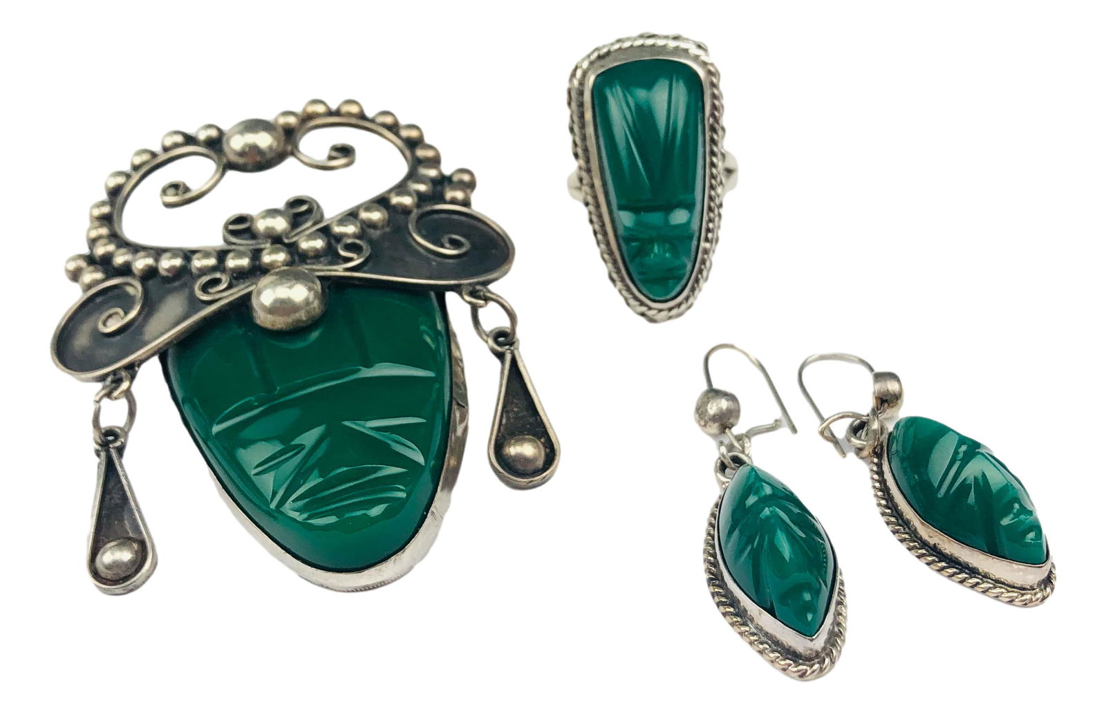 Mexico Sterling Onyx Mayan Face Pin Ring Earrings (1 of 6)