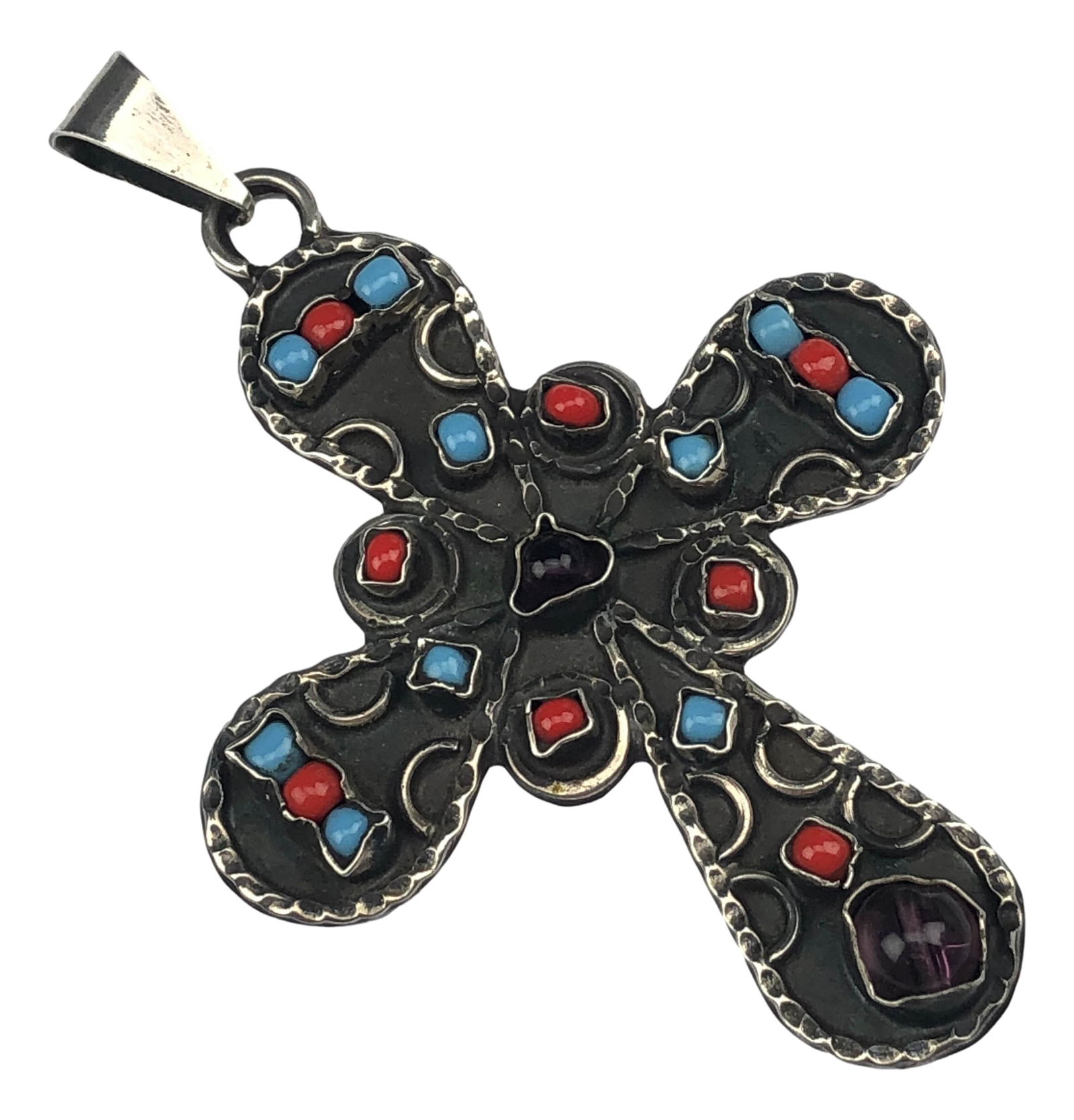 Mexico Sterling 925 Turquoise Coral Cross Pendant (1 of 2)
